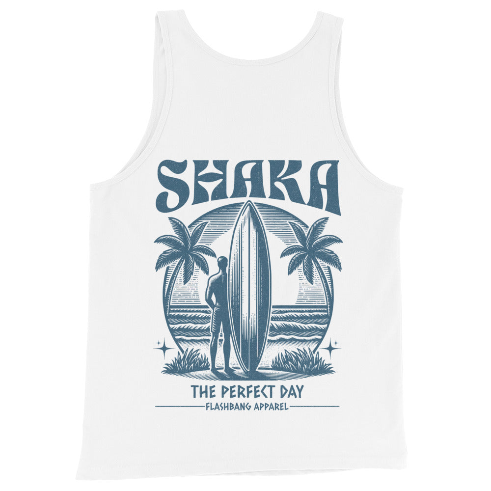 White tank top with blue graphic design featuring a surfer, palm trees, and the word 'Shaka'.