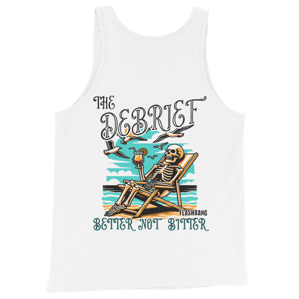 White tank top with a skeleton design and text on a white background