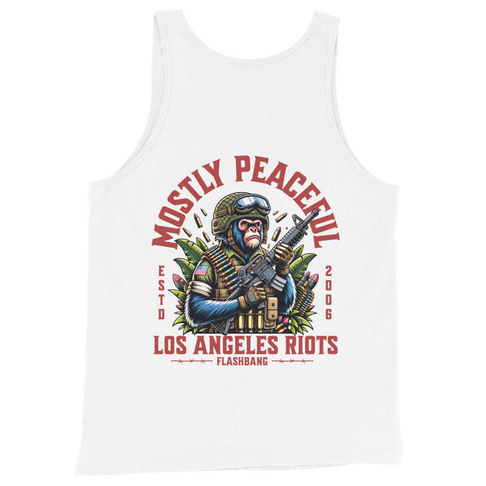 White tank top with a graphic design featuring a monkey holding a gun and text on a white background
