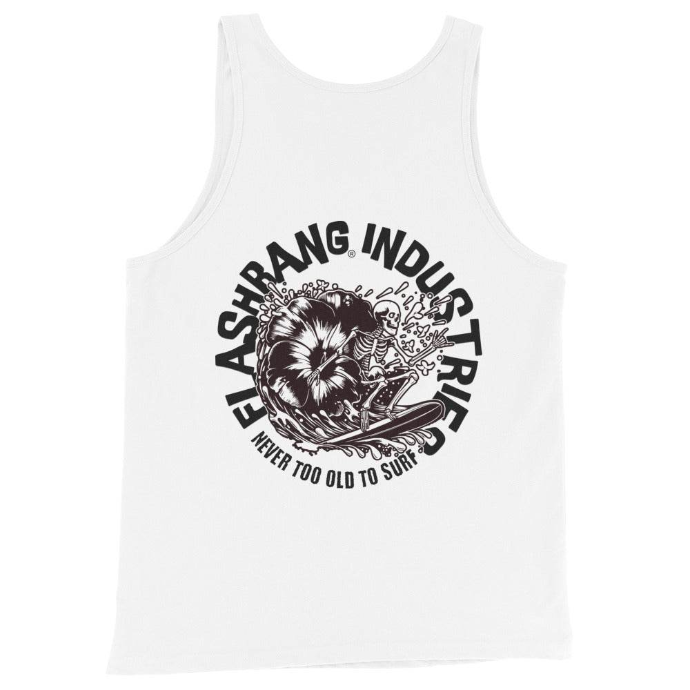 White tank top with black graphic design and text on a white background