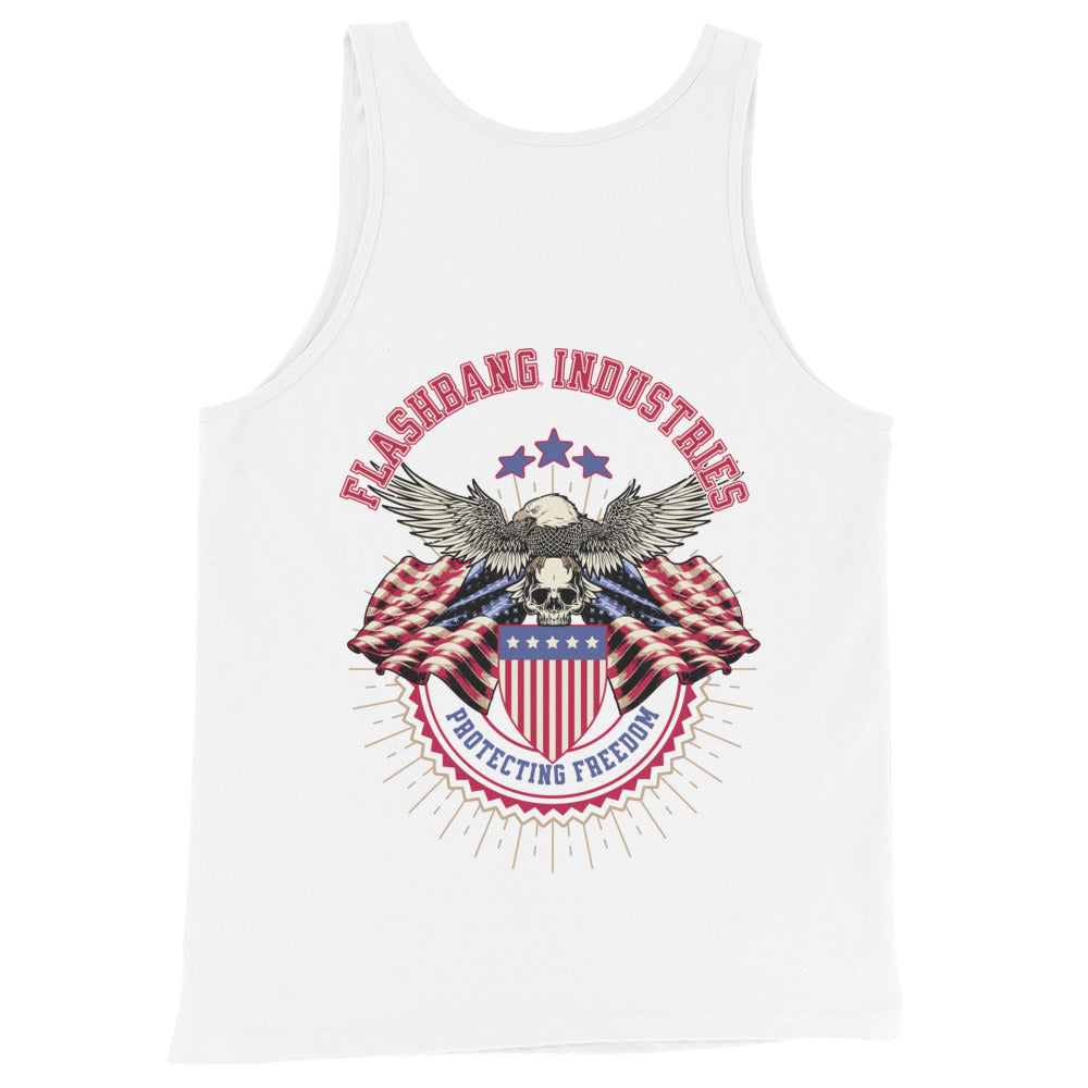 White tank top with patriotic design featuring an eagle and shield on a white background