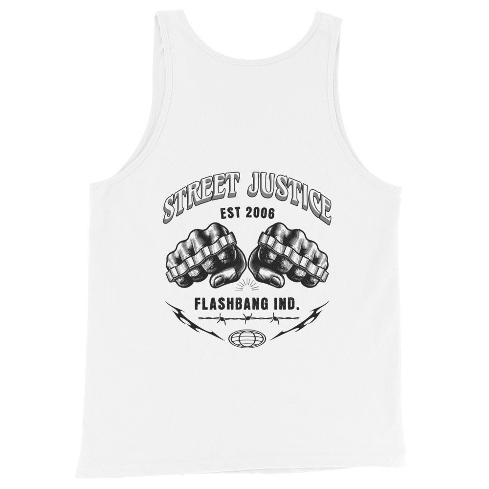 White tank top with black graphic design and text on a white background