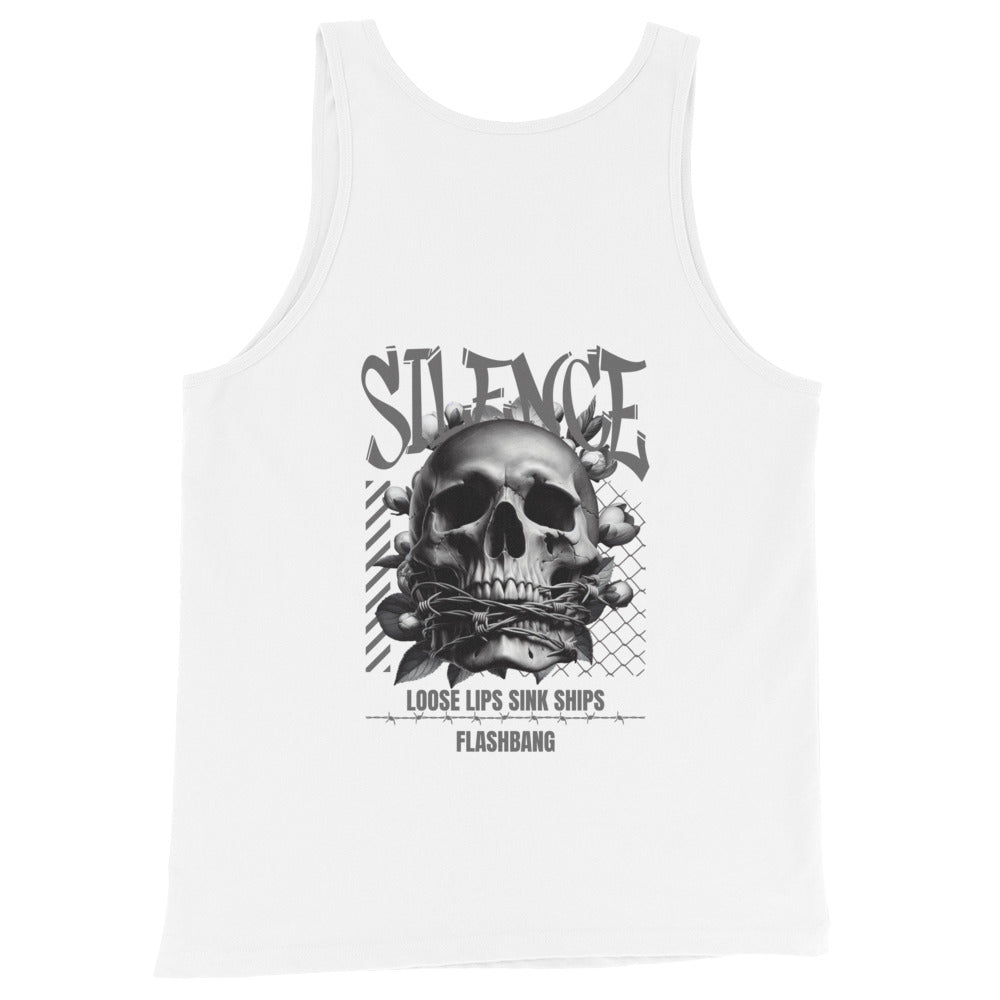 White tank top with a skull and text design on a white background