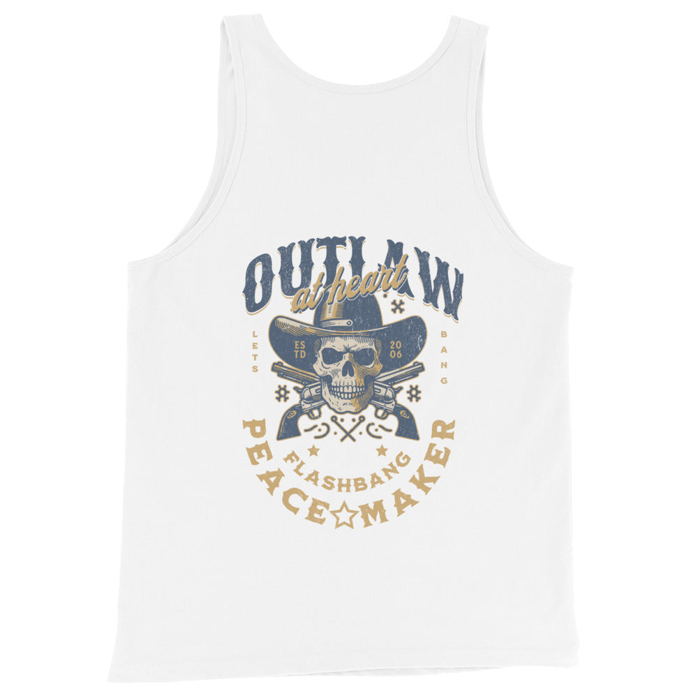 White tank top with skull and crossbones design and text on a white background