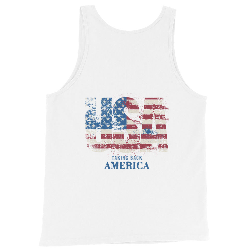 White tank top with American flag design and text on a white background
