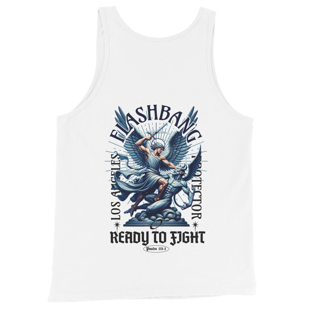 White tank top with graphic design and text on a white background