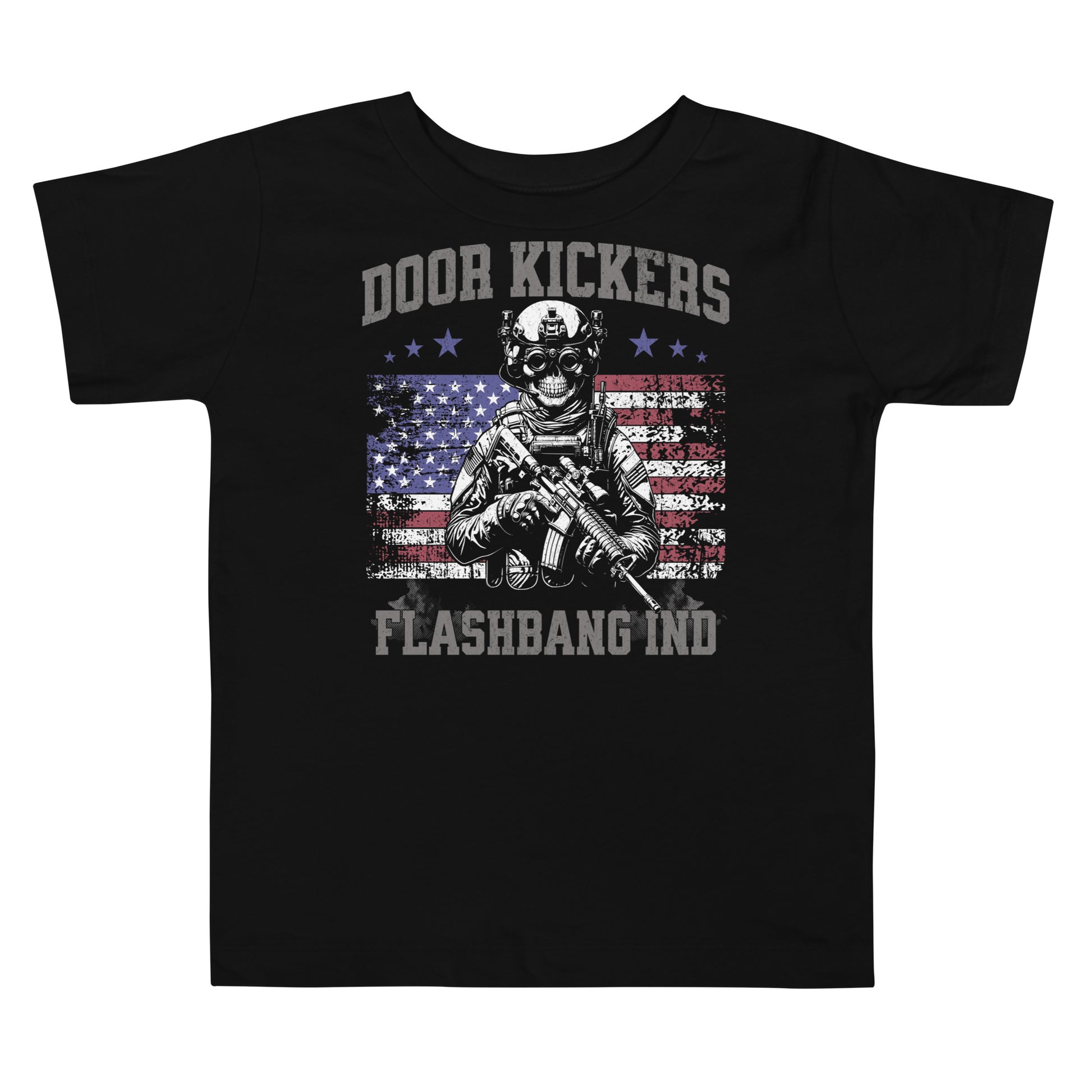 Black t-shirt with graphic design and text on a white background
