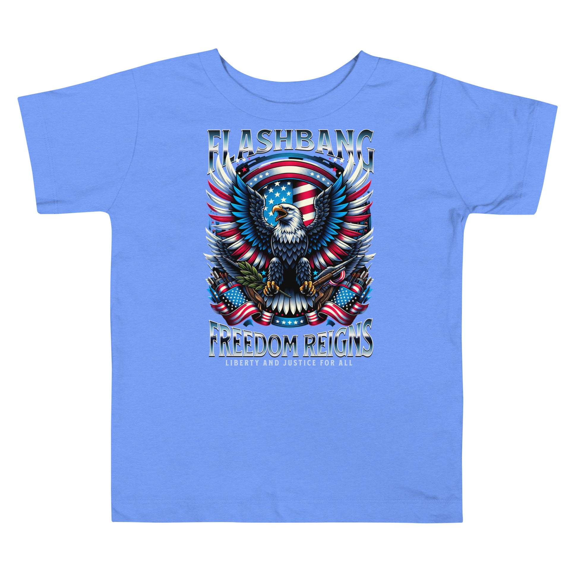 Blue t-shirt with an eagle and American flag design on a white background