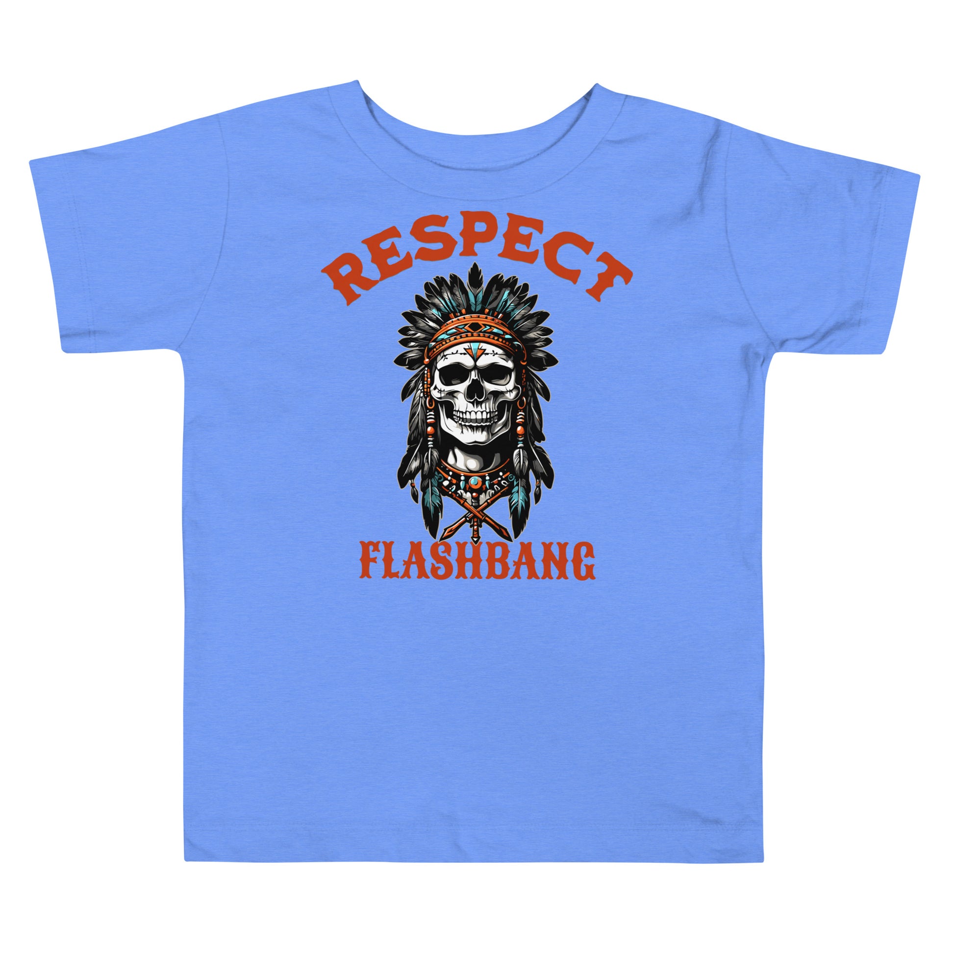 Blue t-shirt with a skull wearing an Indian headdress and text 'RESPECT FLASHBANG' on a white background