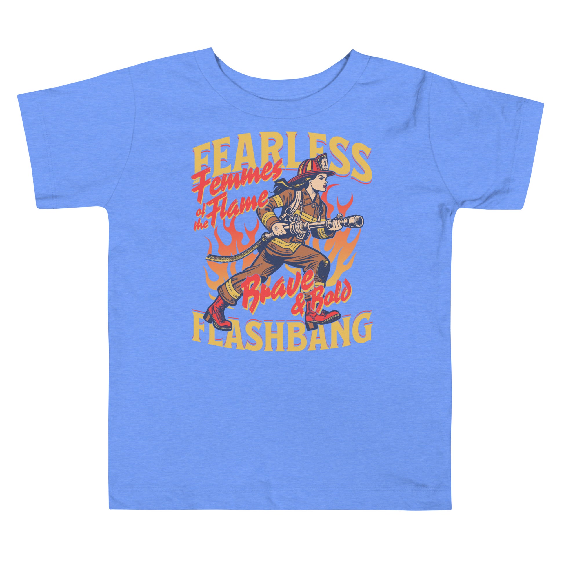 Blue t-shirt with a graphic of a firefighter and text on a white background