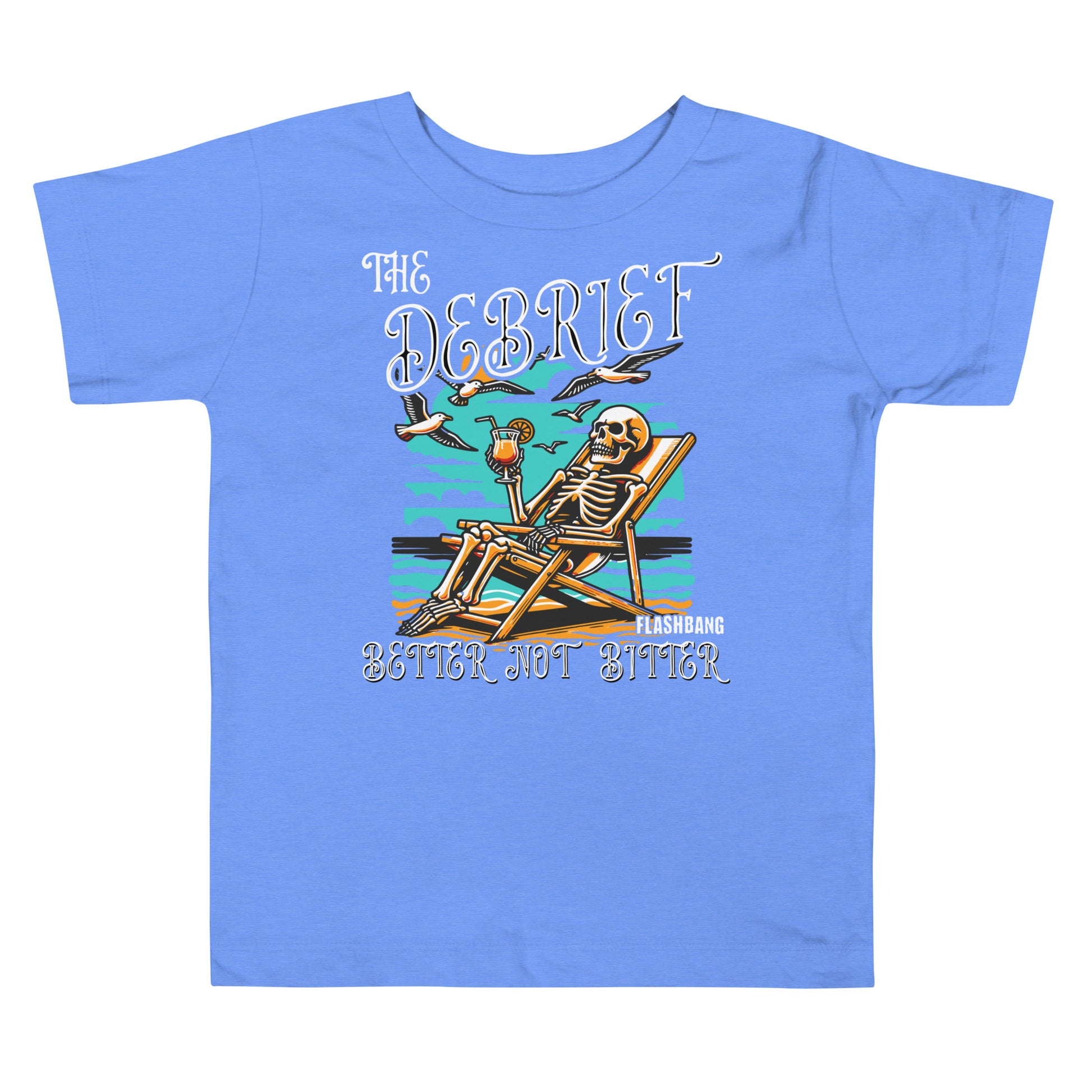 Blue t-shirt with a skeleton design and text on a white background