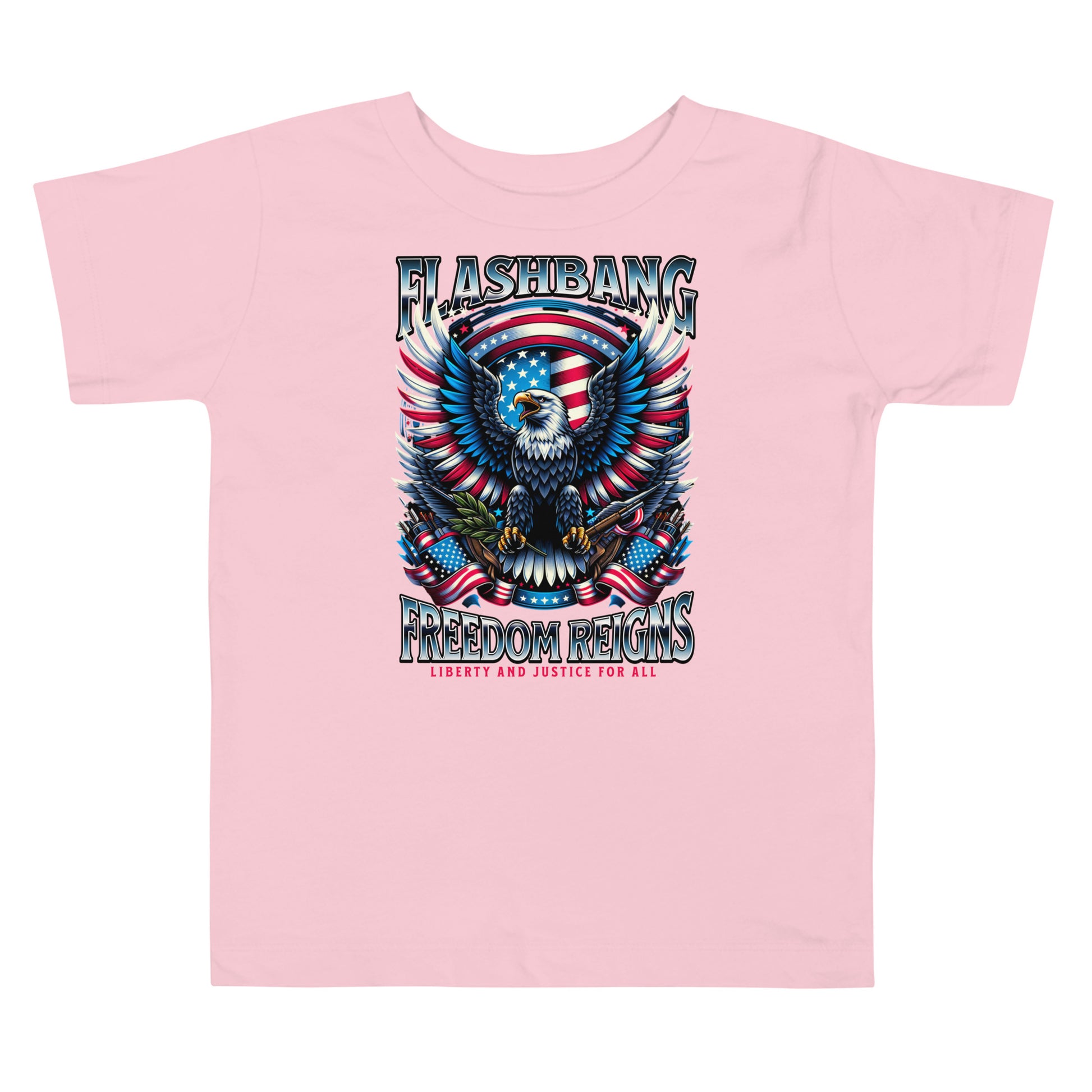 Pink t-shirt with a graphic design featuring an eagle and American flag on a white background