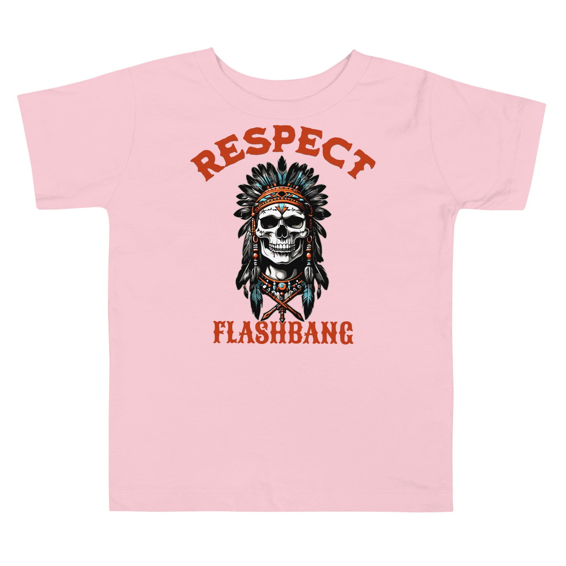 Pink t-shirt with a skull wearing a headdress and text 'RESPECT FLASHBANG' on a white background