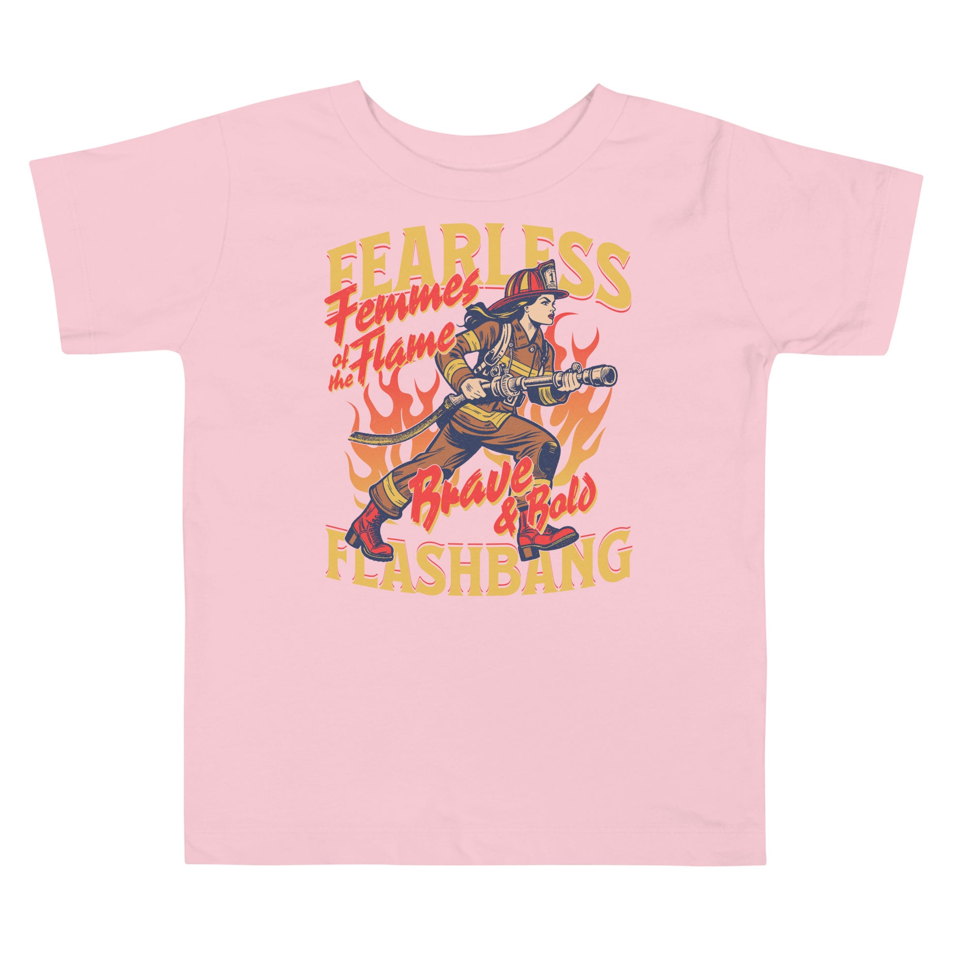 Pink t-shirt with a firefighter graphic and text on a white background