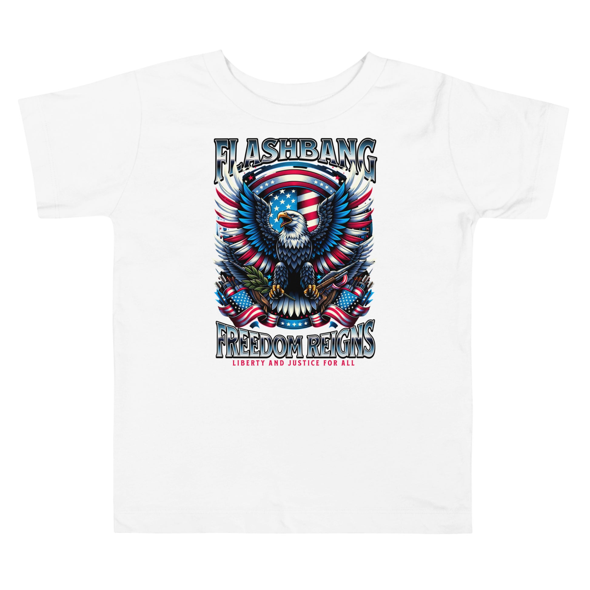 White t-shirt with a graphic design featuring an eagle and American flag, labeled 'Flashbang Freedom Reigns'.