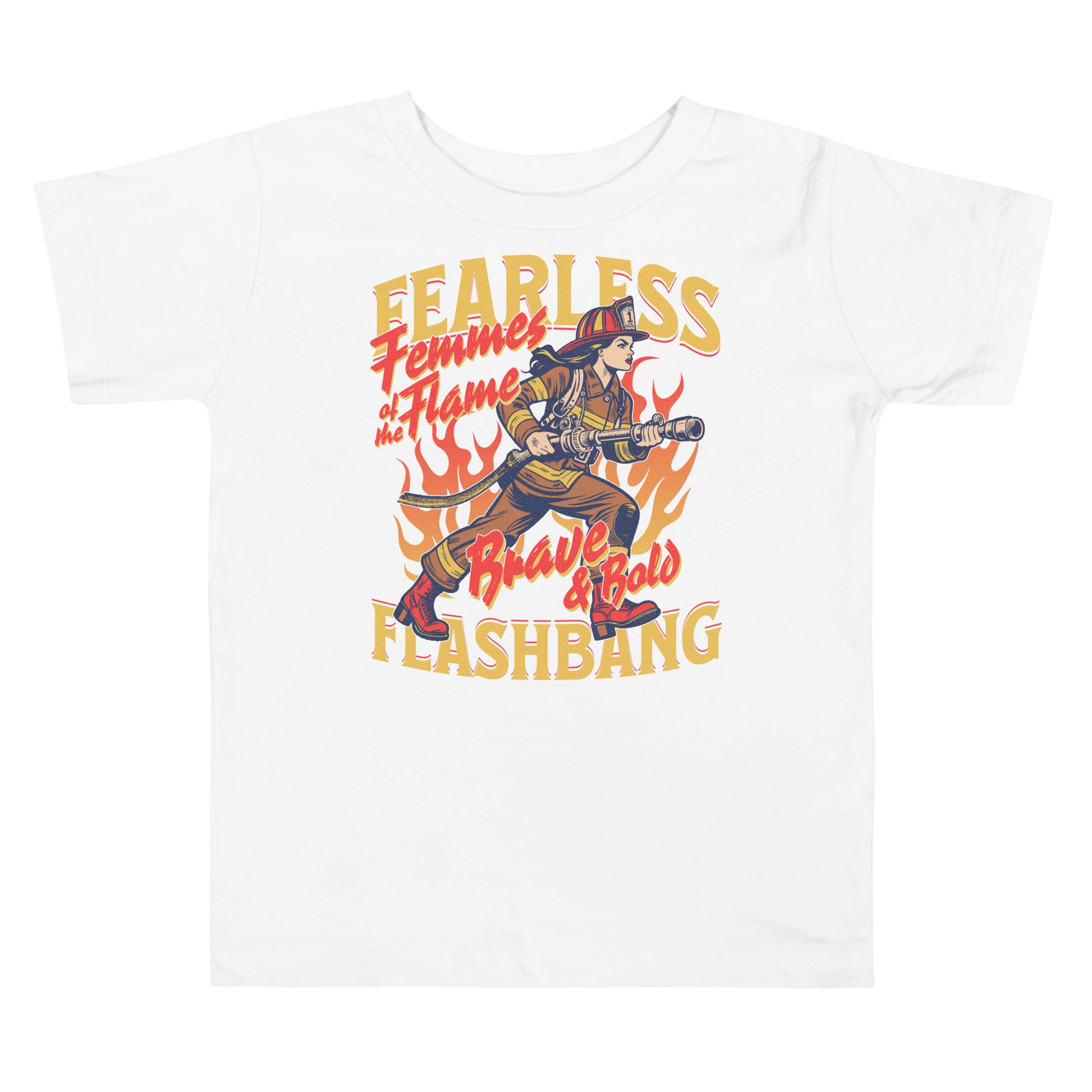 White t-shirt with a graphic of a firefighter and text on a white background