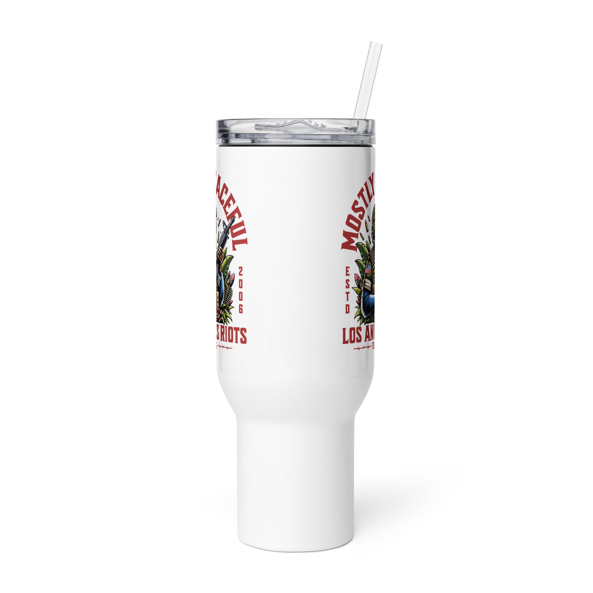 White tumbler with colorful graphics and text on a white background