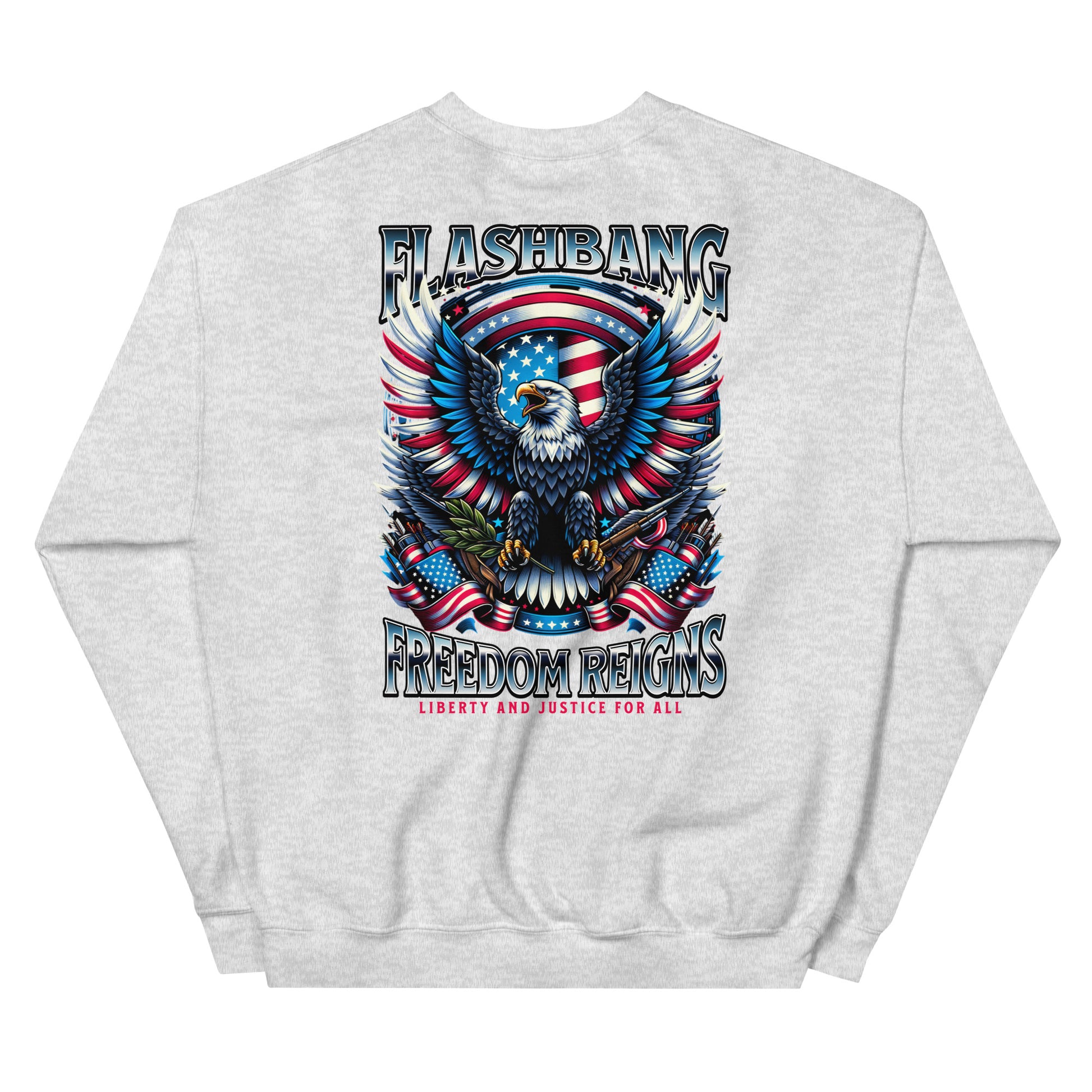 Gray sweatshirt with an eagle and American flag design on a white background