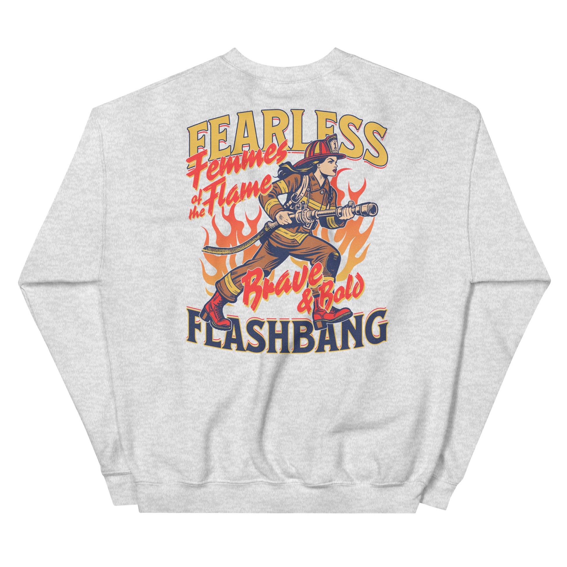 Gray sweatshirt with a graphic of a firefighter and text on the back