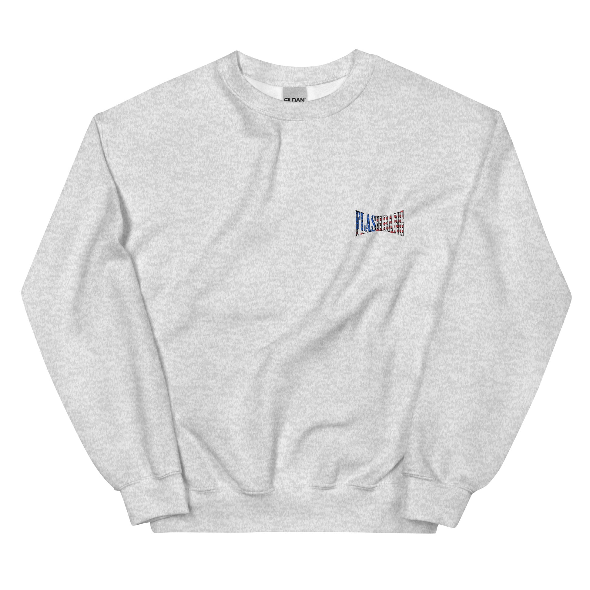 Gray sweatshirt with a small logo on the chest against a white background