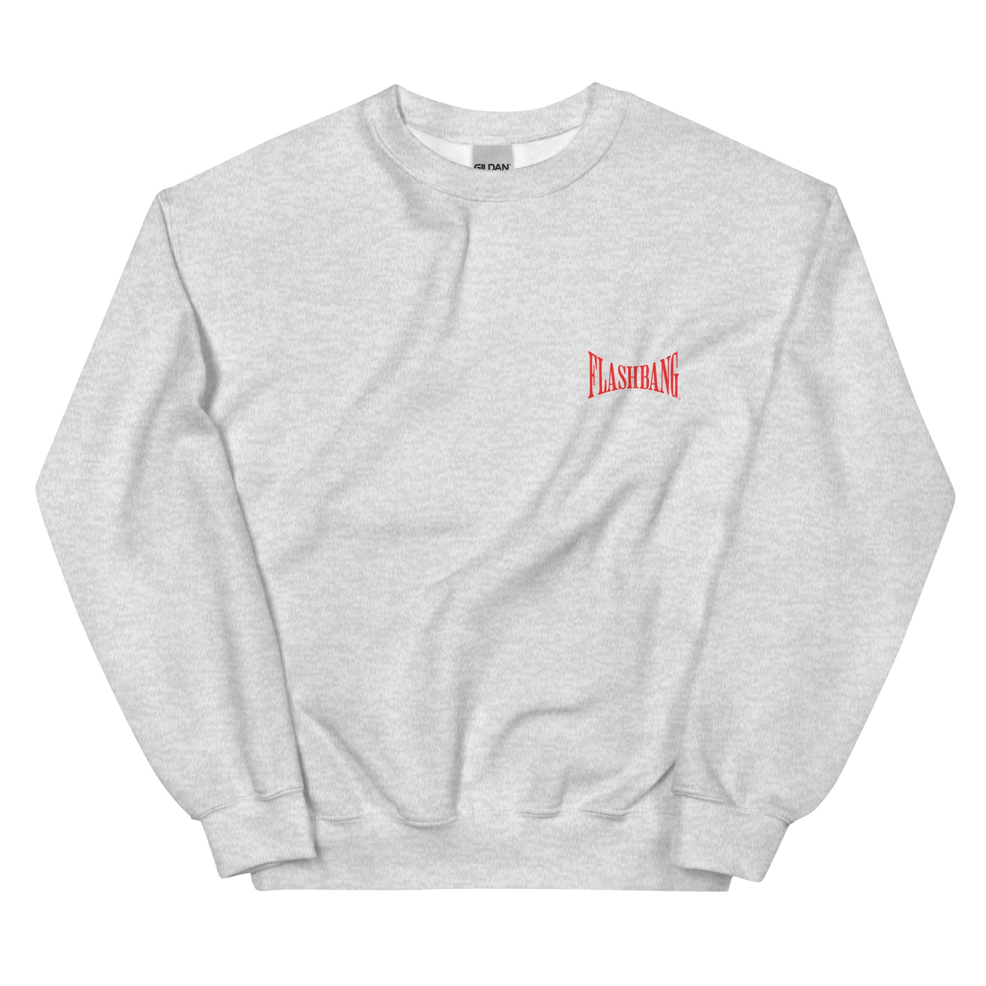 Gray sweatshirt with a red logo on a white background