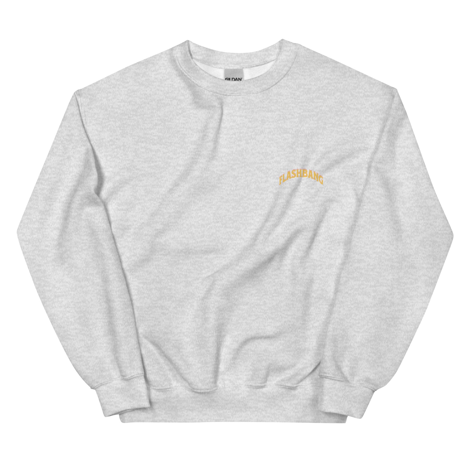 Gray sweatshirt with yellow text on a white background