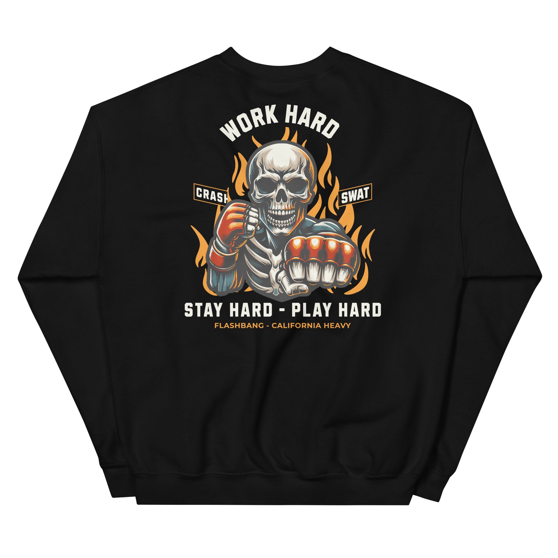 Black sweatshirt with a graphic design featuring a skeleton, flames, and text on a white background.