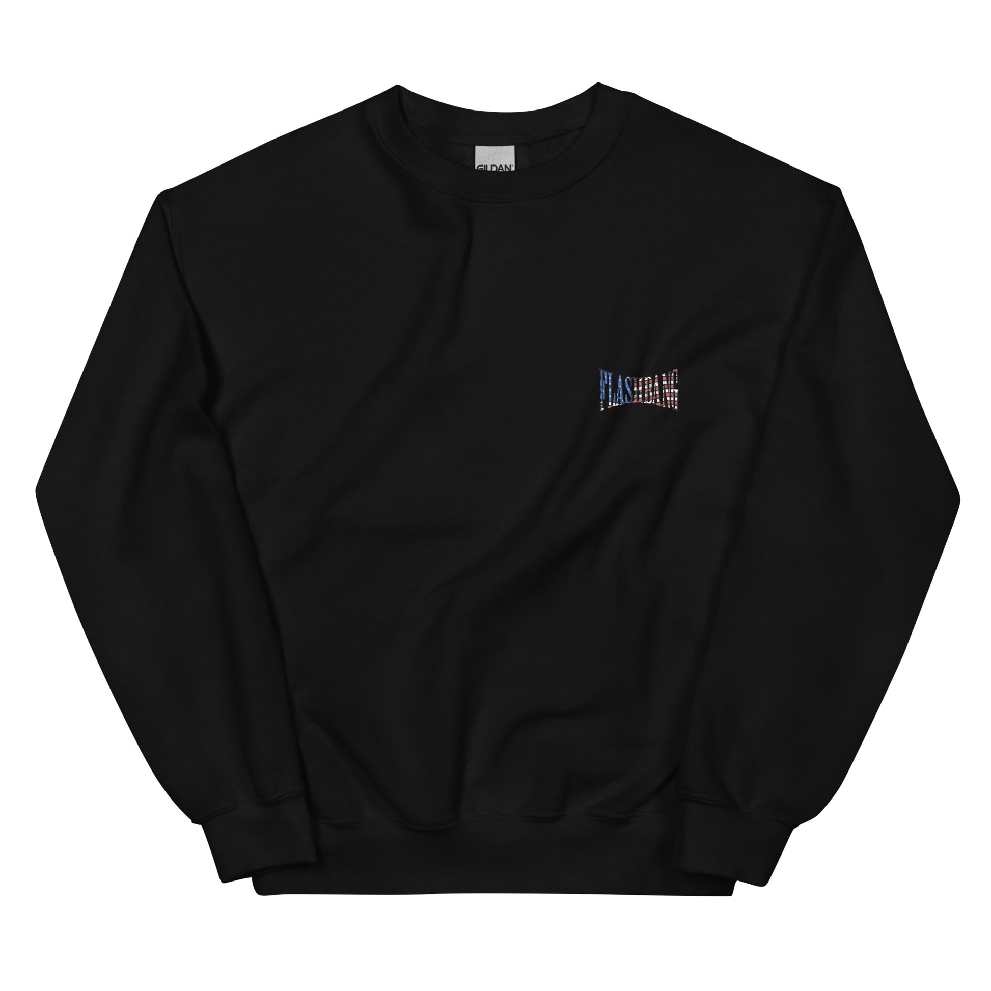 Black sweatshirt with a small logo on the chest against a white background
