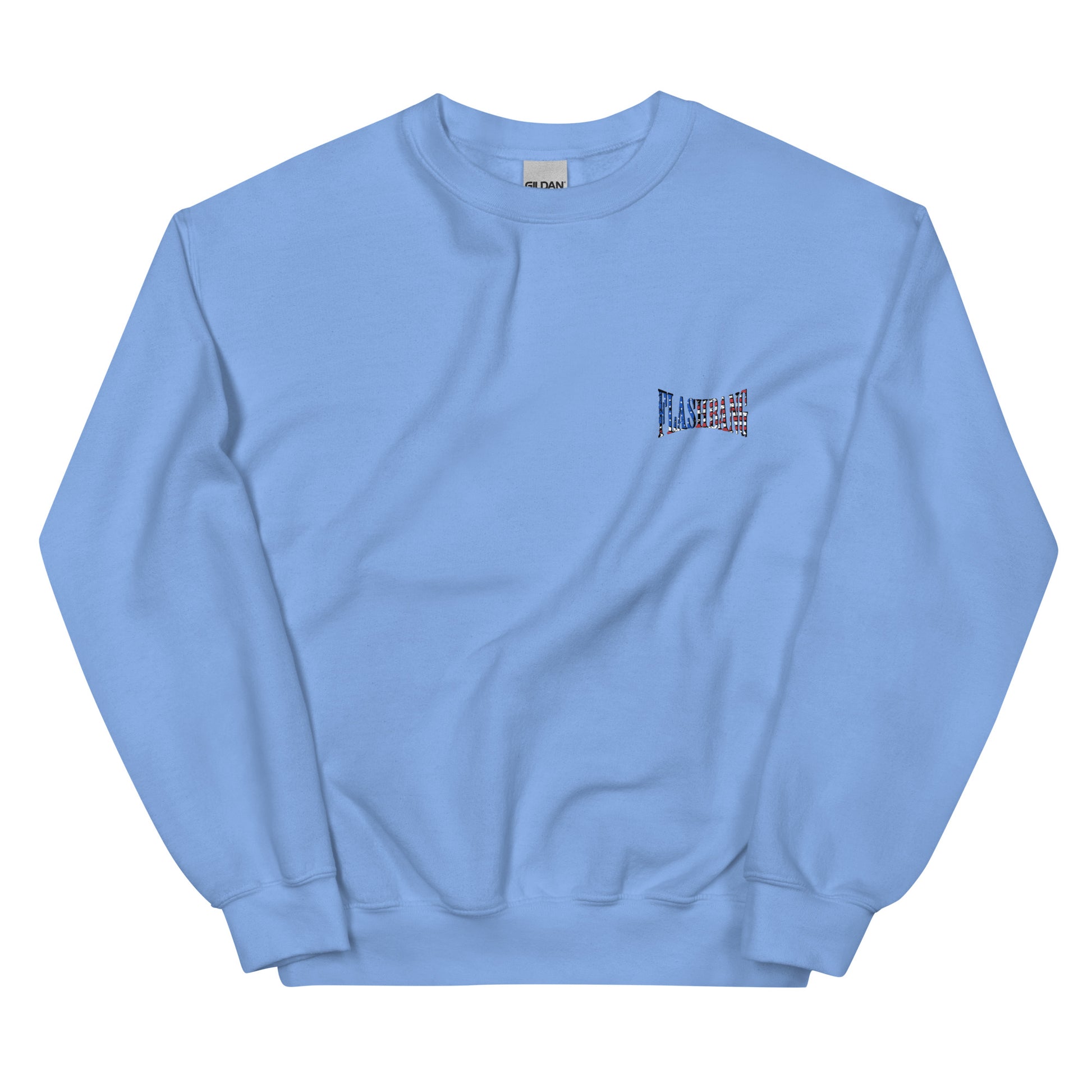 Light blue sweatshirt with a small logo on the chest against a white background