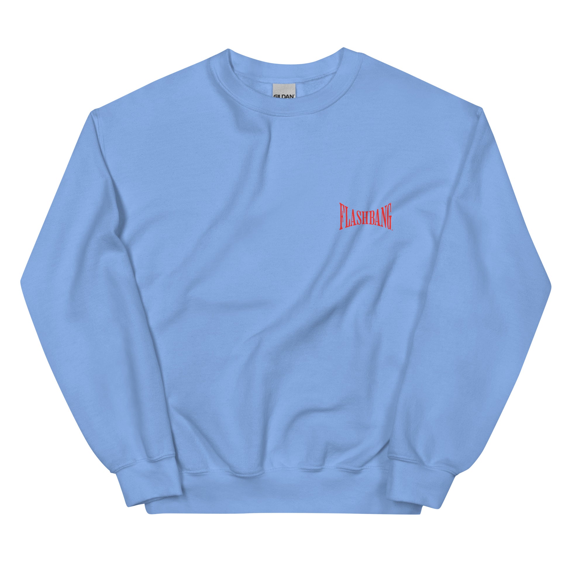 Light blue sweatshirt with a red logo on a white background