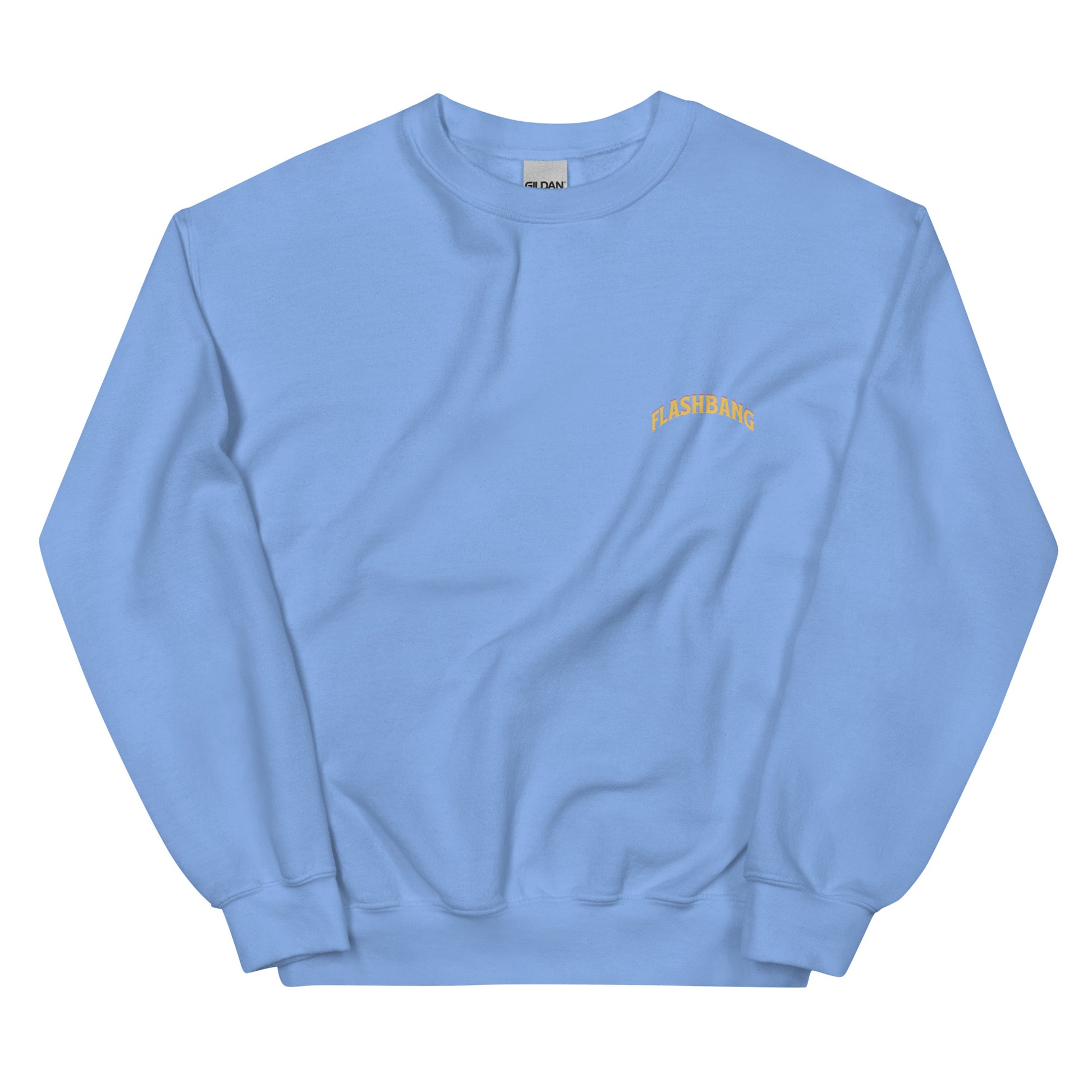 Light blue sweatshirt with yellow text on a white background