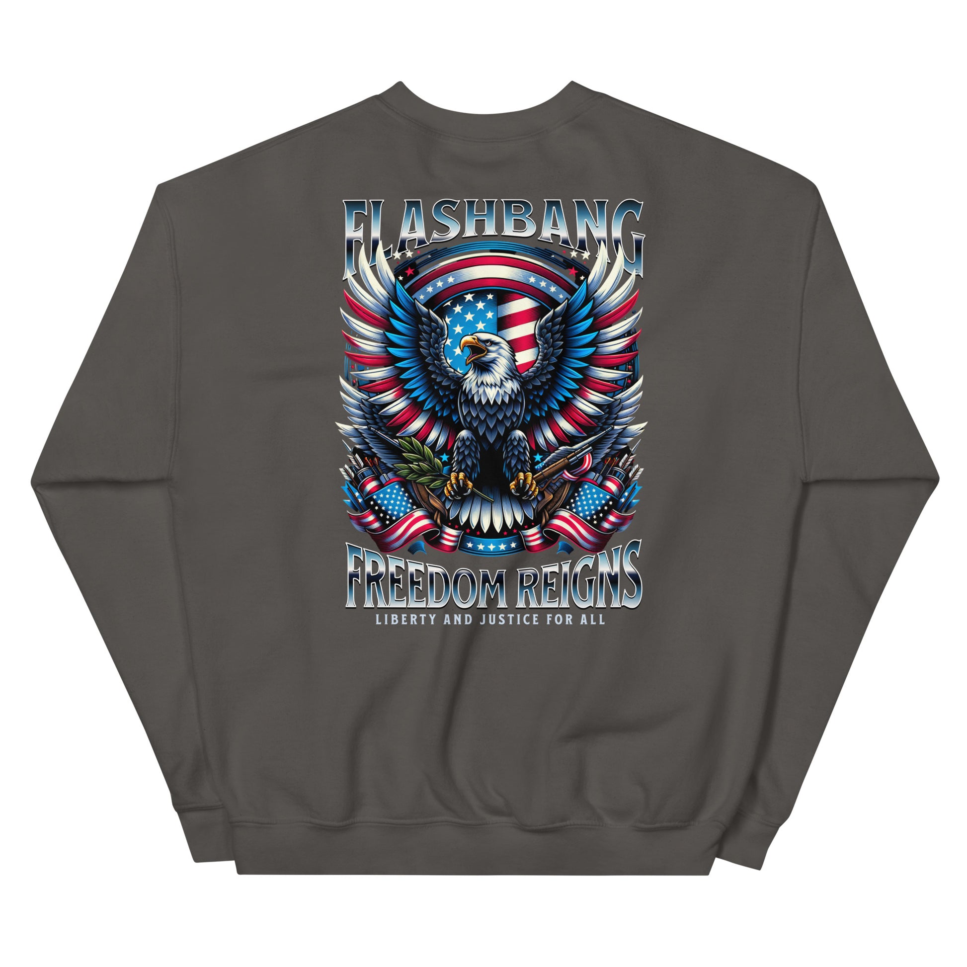 Gray sweatshirt with an eagle and American flag design on the back, featuring the text 'Flashbang Freedom Reigns'.