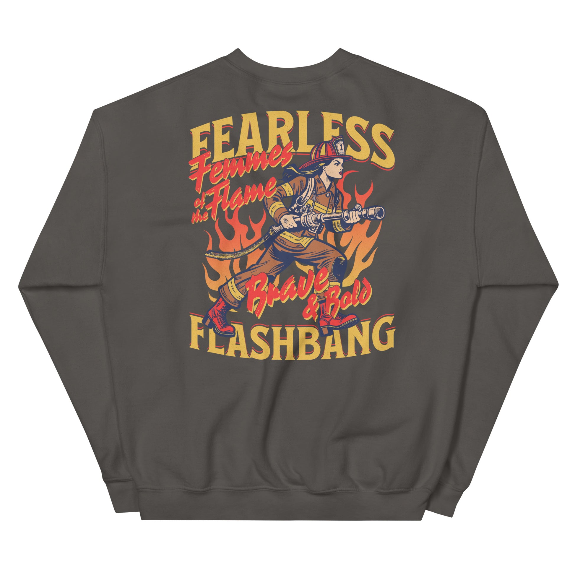 Gray sweatshirt with colorful graphic design on the back featuring text and a character holding a weapon.