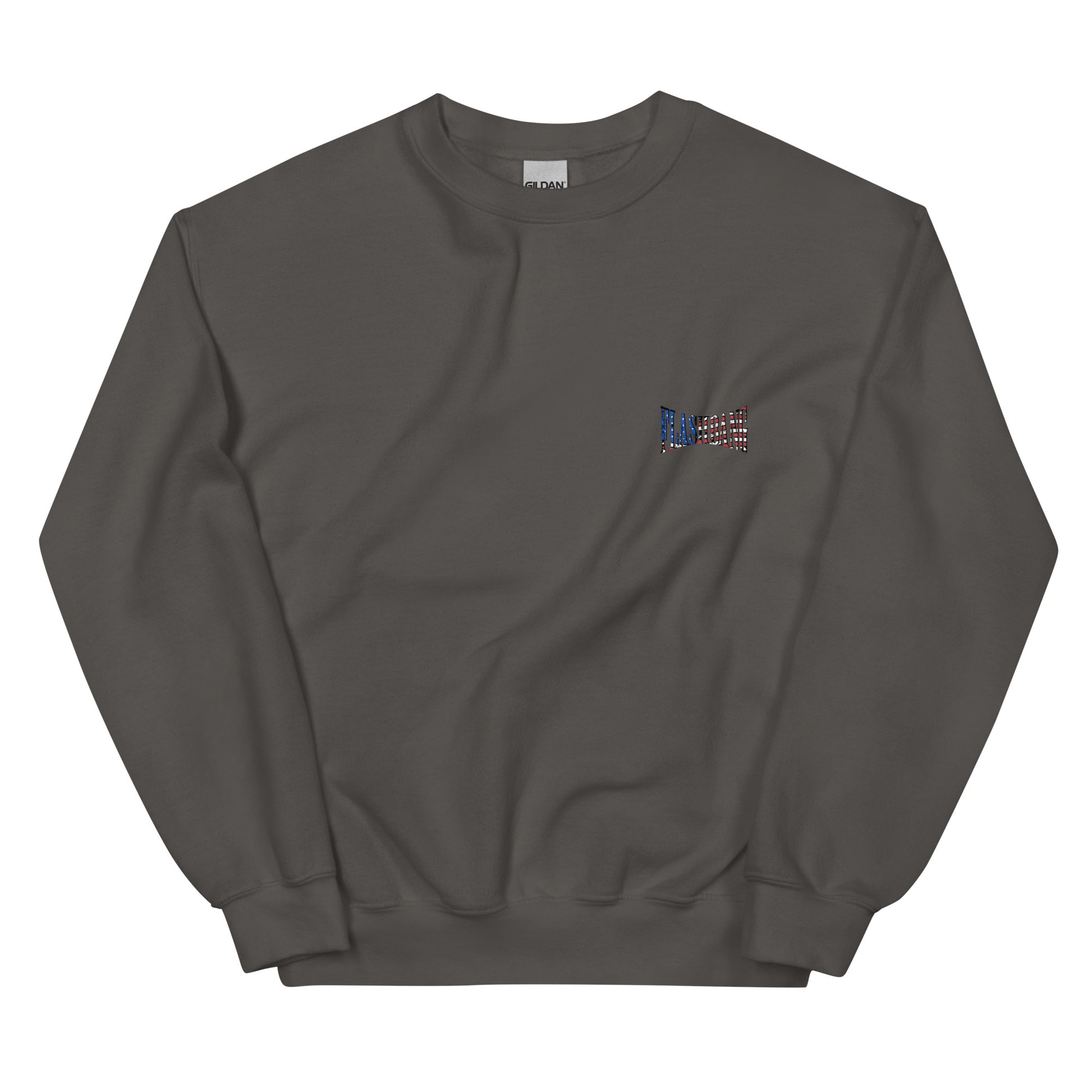 Dark gray sweatshirt with a small colorful flag patch on a white background