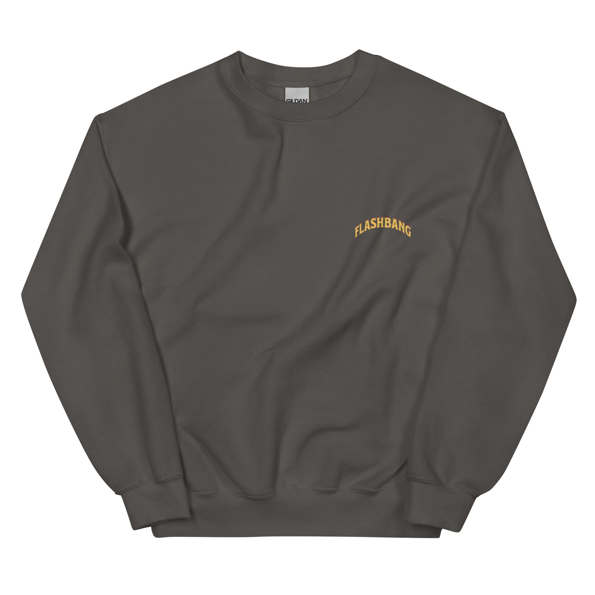 Dark gray sweatshirt with 'FLASHBANG' logo on a white background
