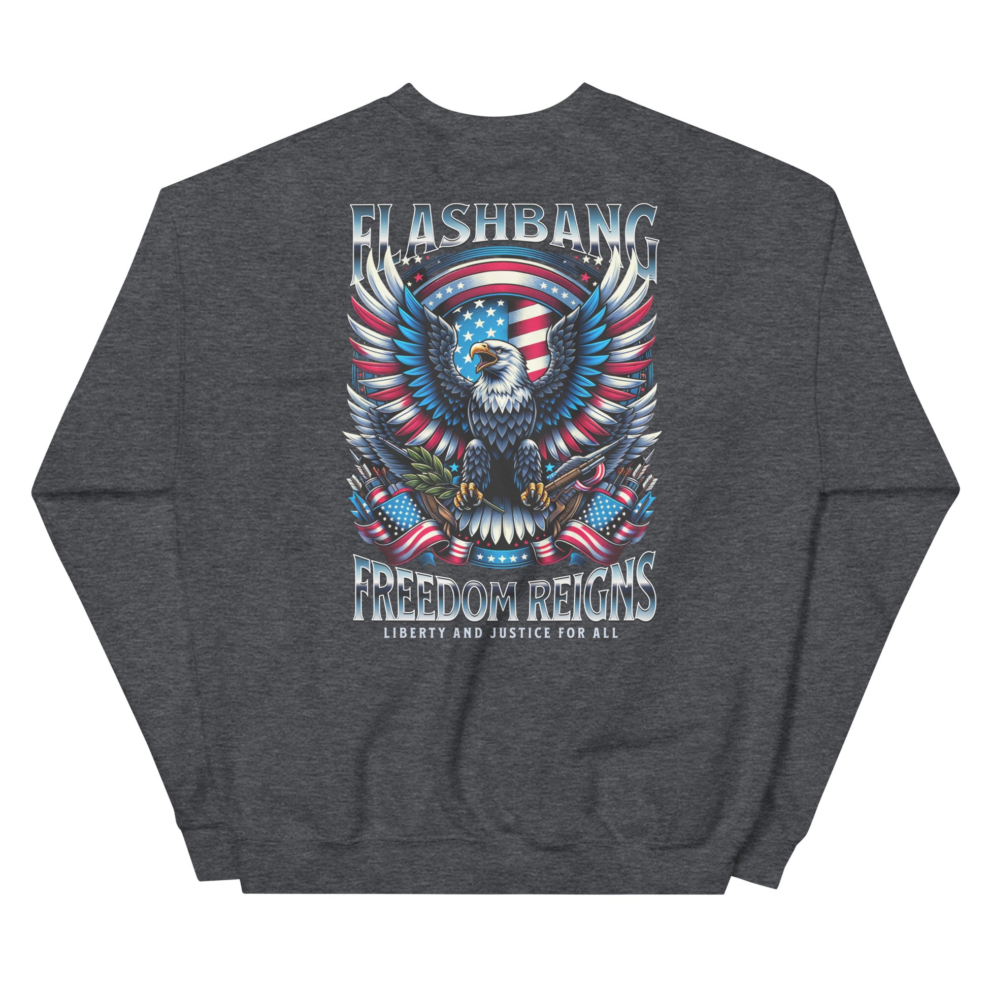 Gray sweatshirt with an eagle and American flag design on a white background