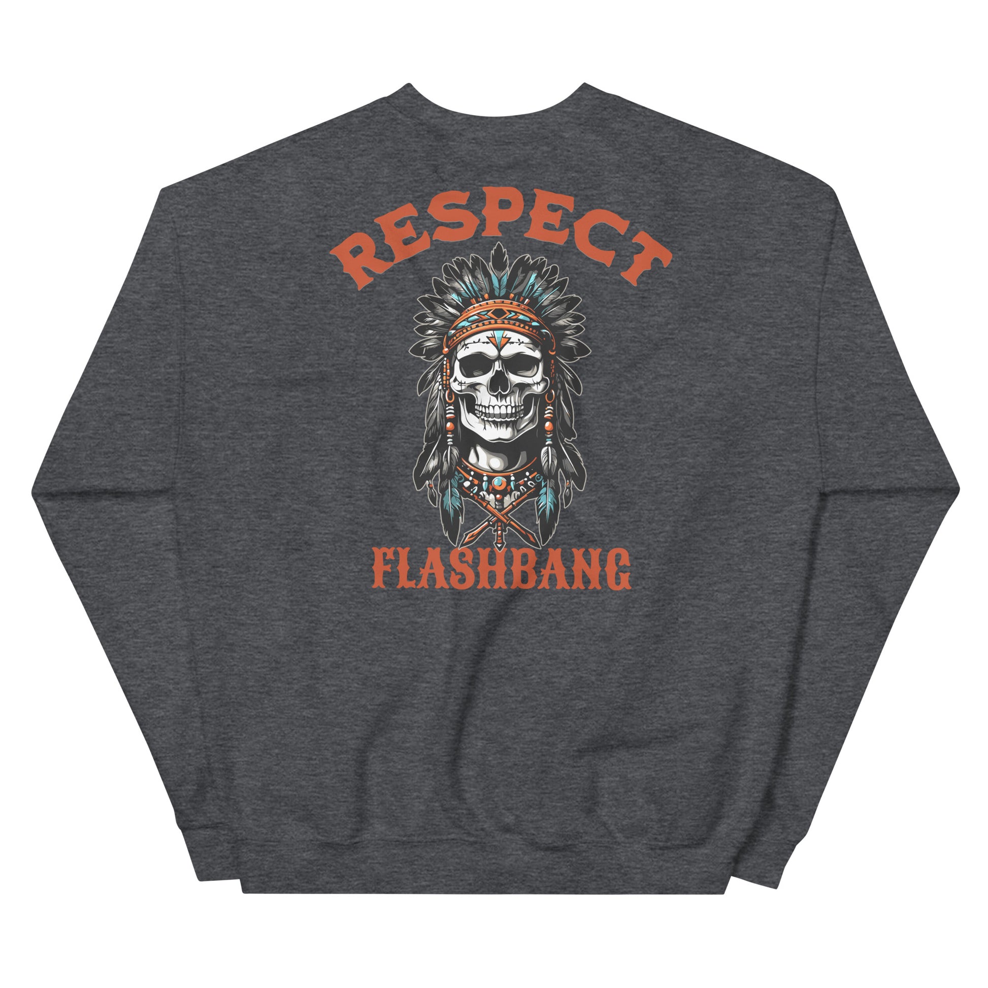 Gray sweatshirt with a skull design and 'Respect Flashbang' text on the back