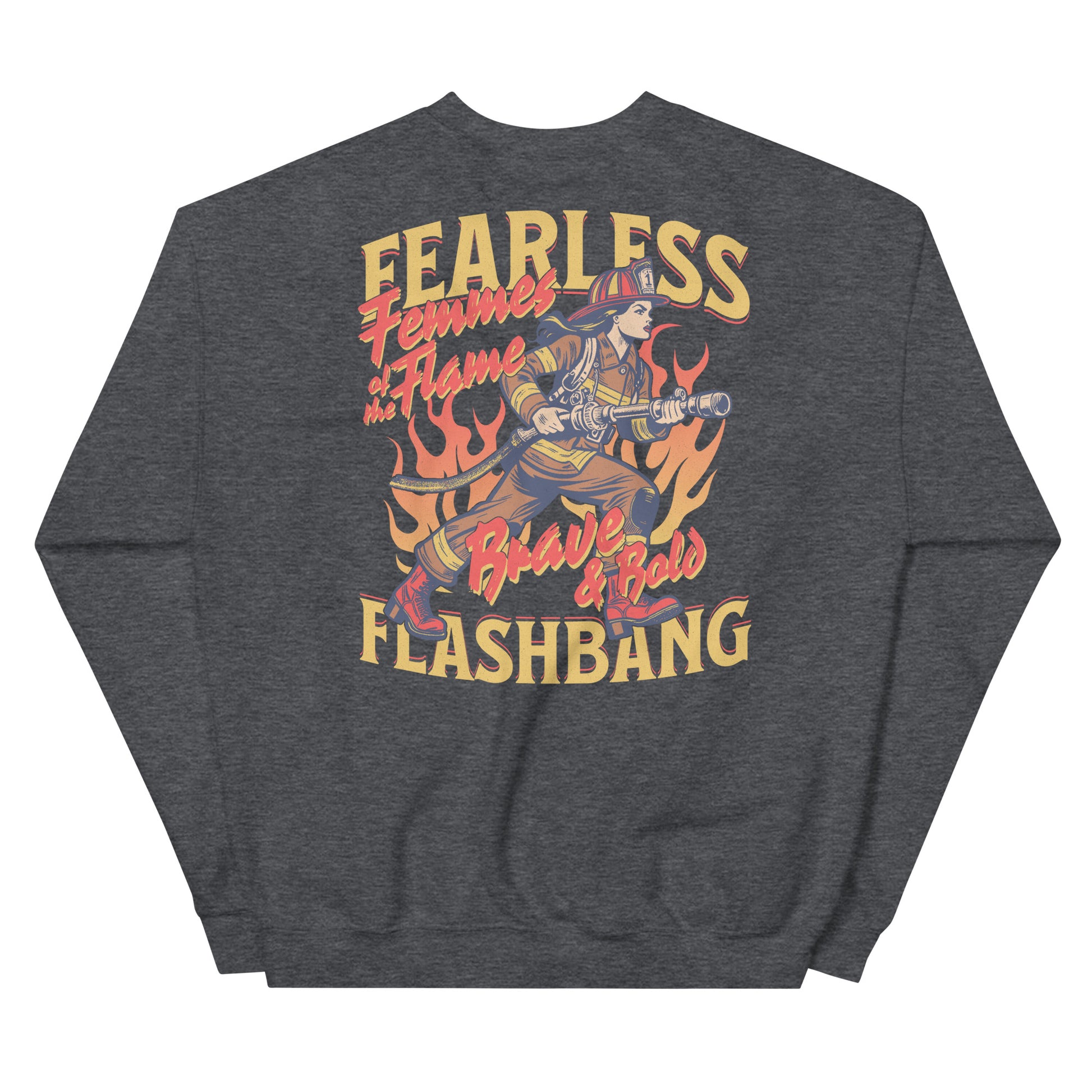 Gray sweatshirt with colorful graphic design on the back featuring text and a character holding a weapon.