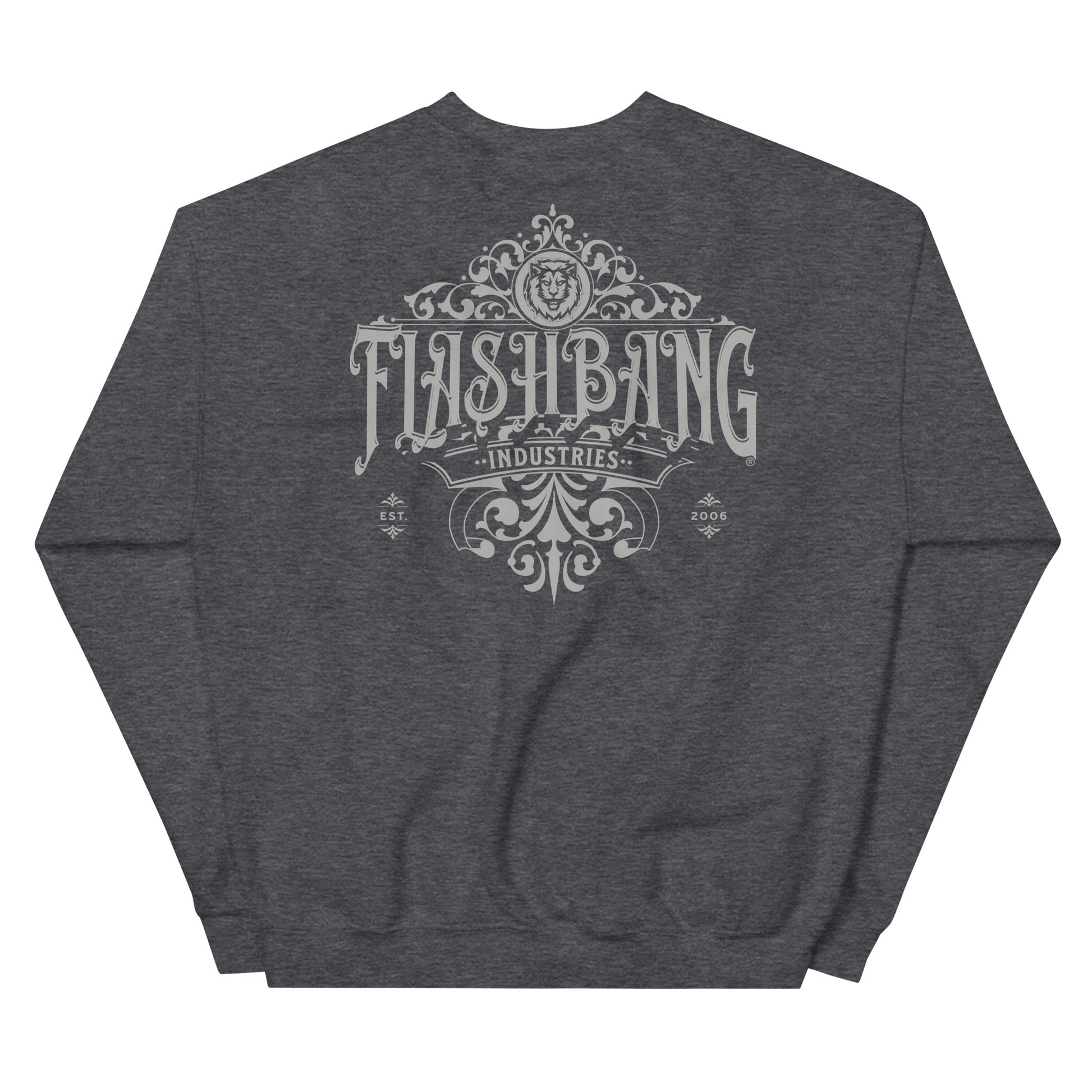 Dark gray sweatshirt with 'Flash Bang Industries' logo on the back against a white background