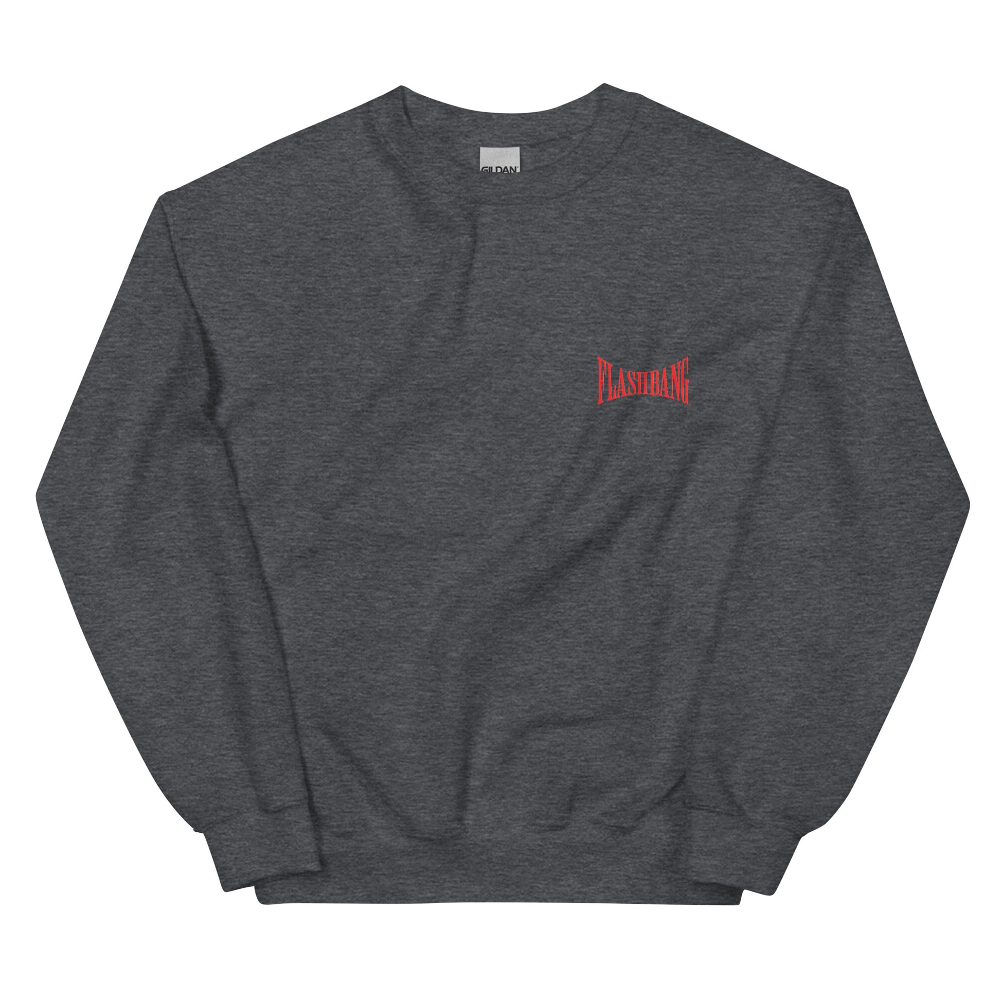 Gray sweatshirt with a red logo on a white background