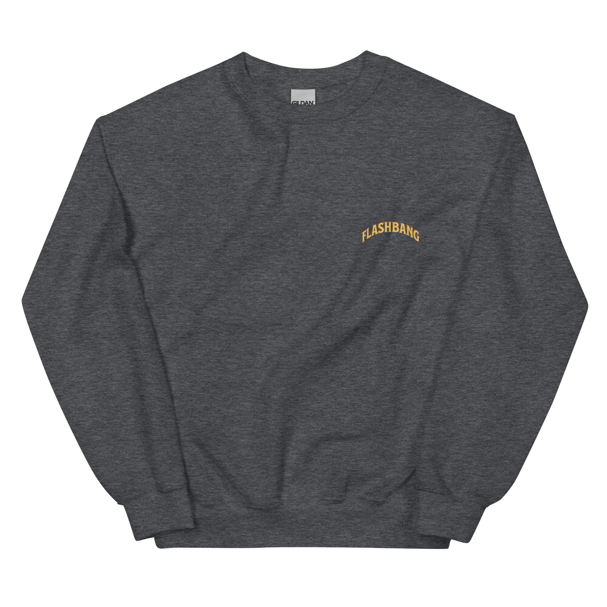 Dark gray sweatshirt with 'Flashbang' logo on a white background