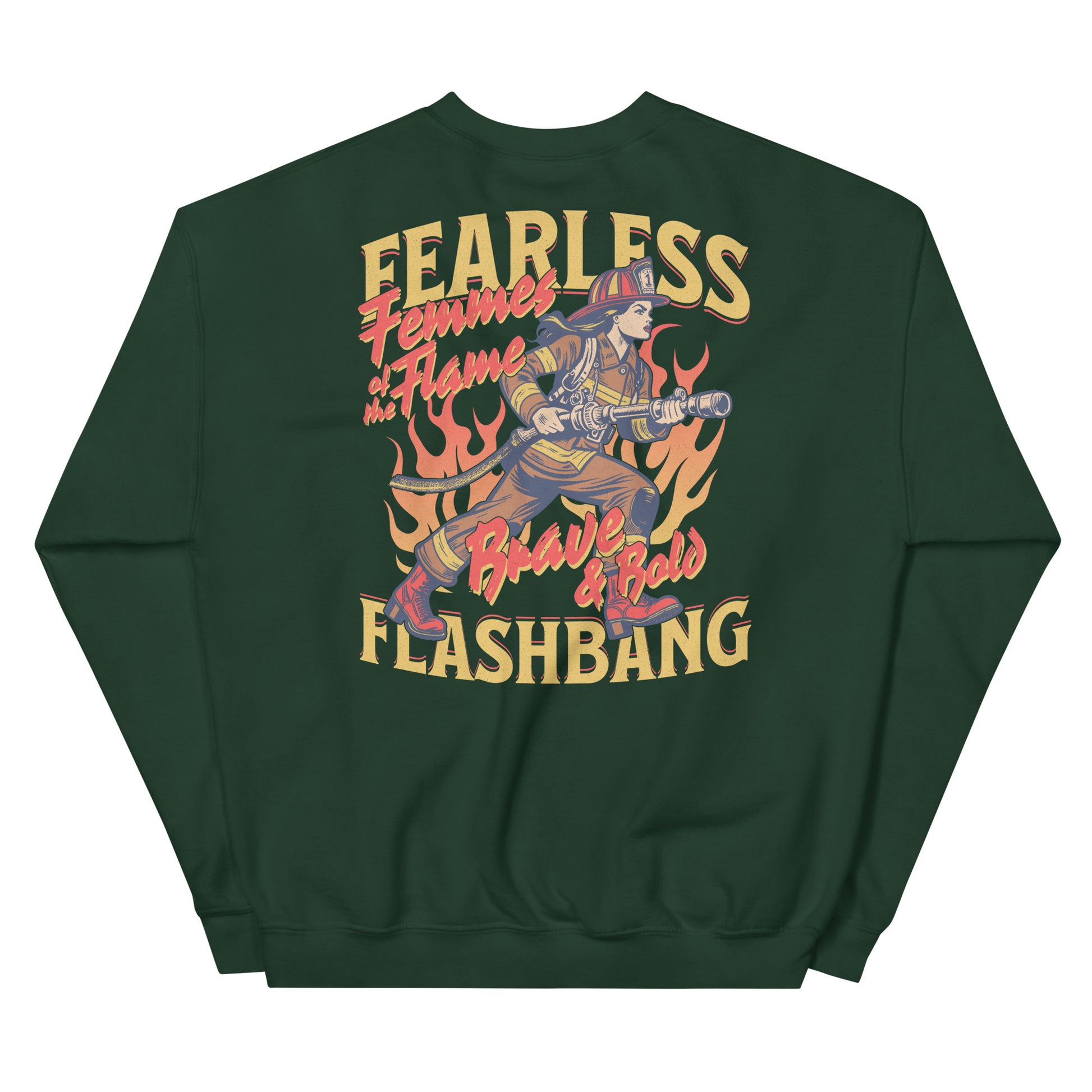 Green sweatshirt with a graphic design on the back featuring text and a character holding a flashbang.