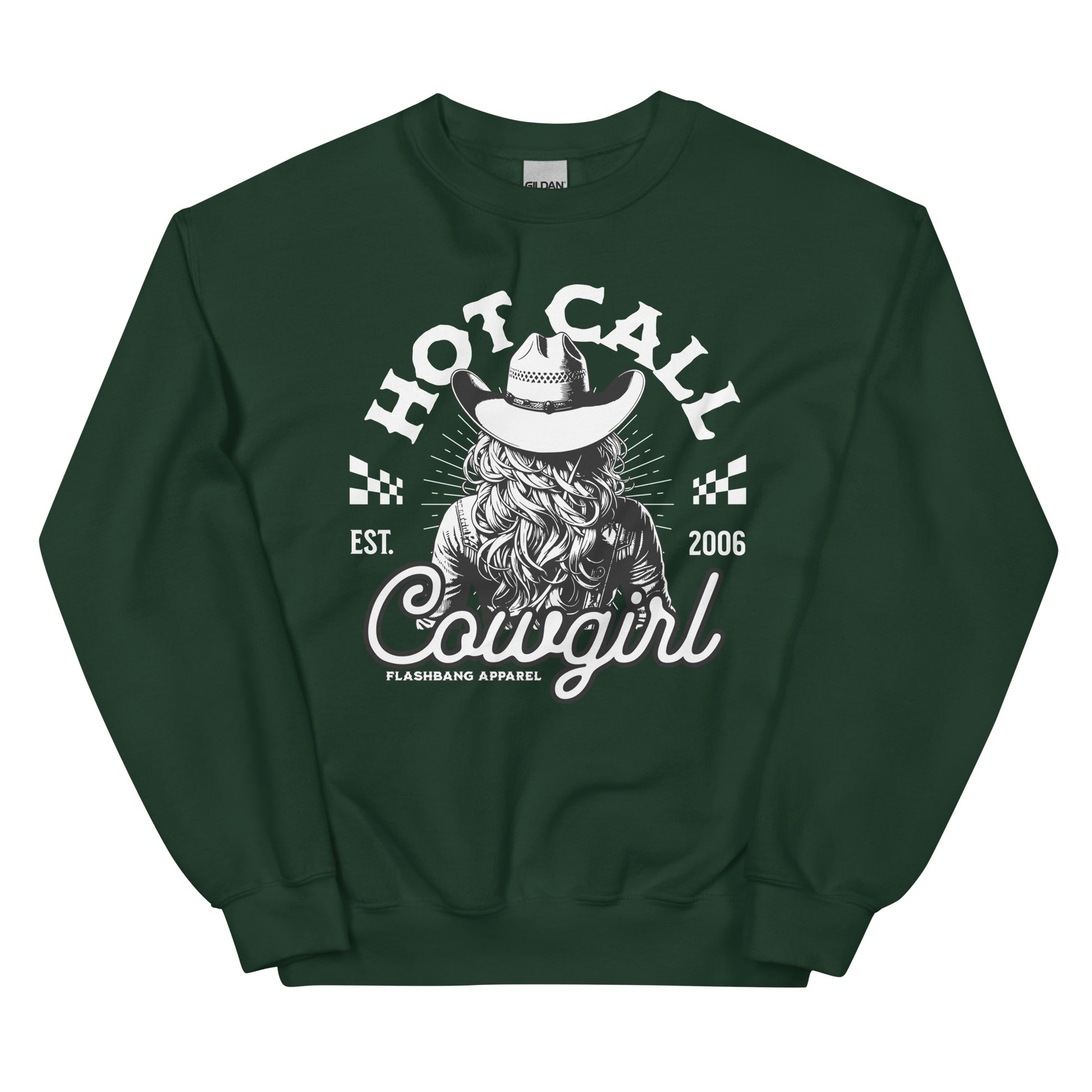 Dark green sweatshirt with 'Hot Call Cowgirl' graphic design on a white background