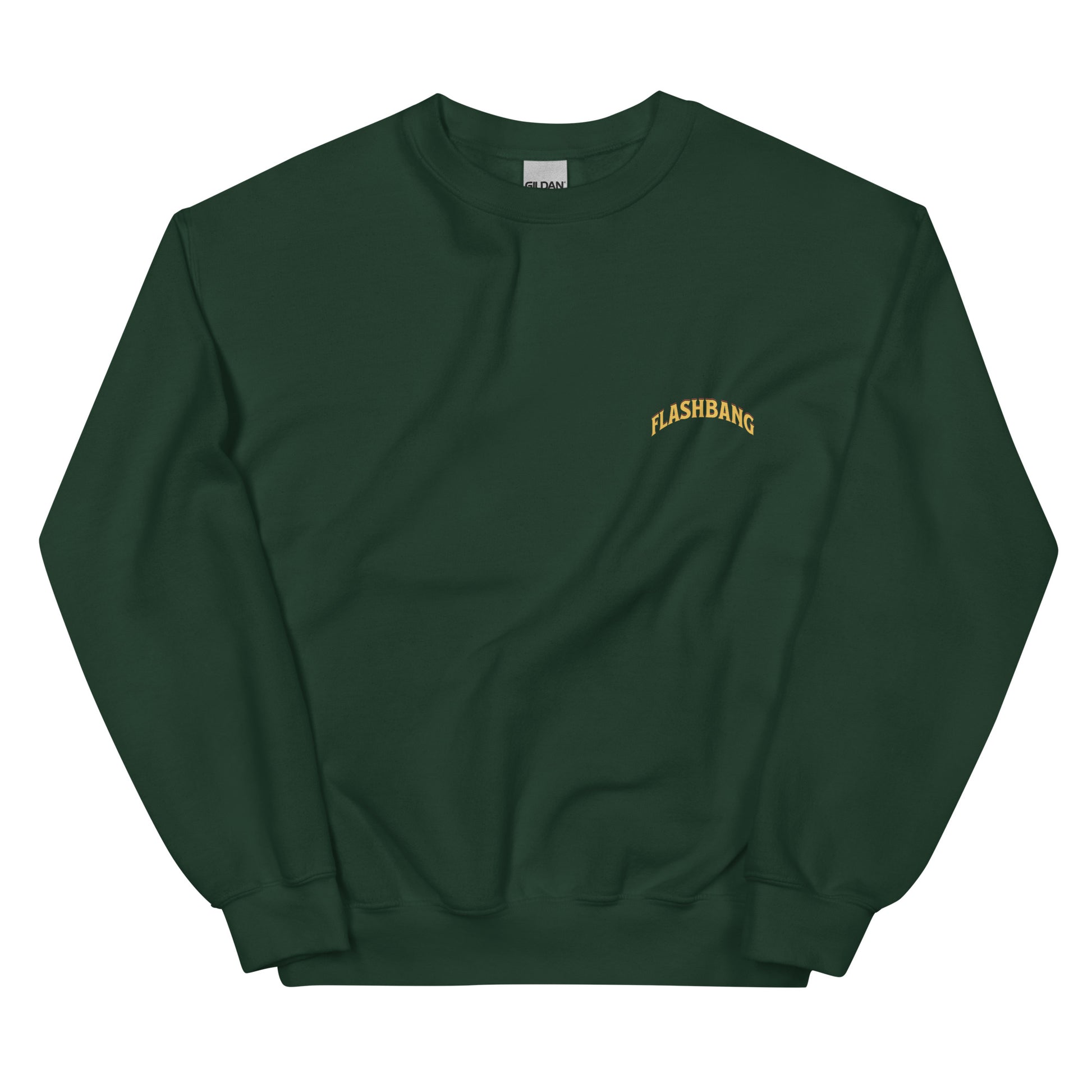 Green sweatshirt with 'FLASHBANG' text on a white background