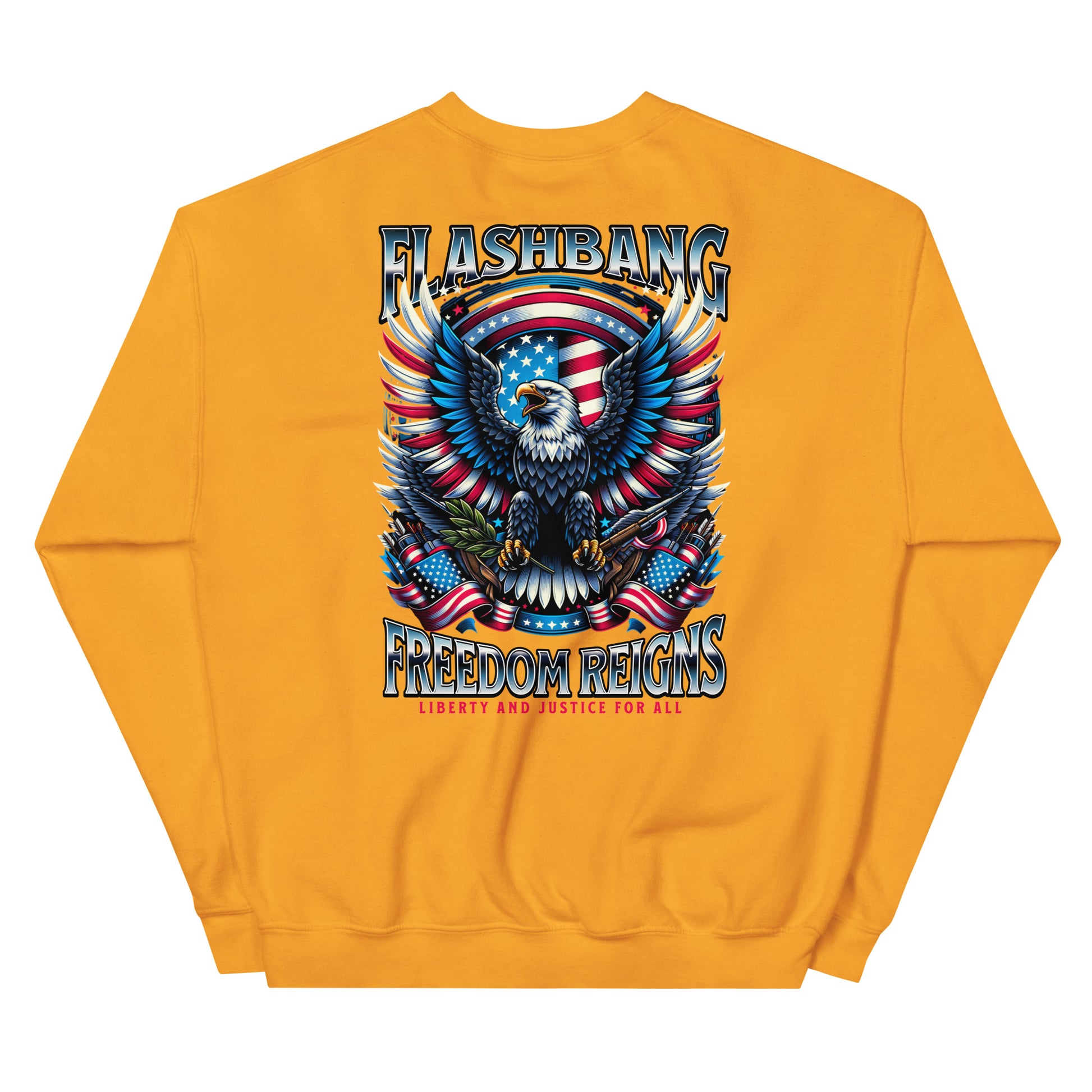 Yellow sweatshirt with 'Flashbang' and 'Freedom Reigns' design featuring an eagle and American flags.