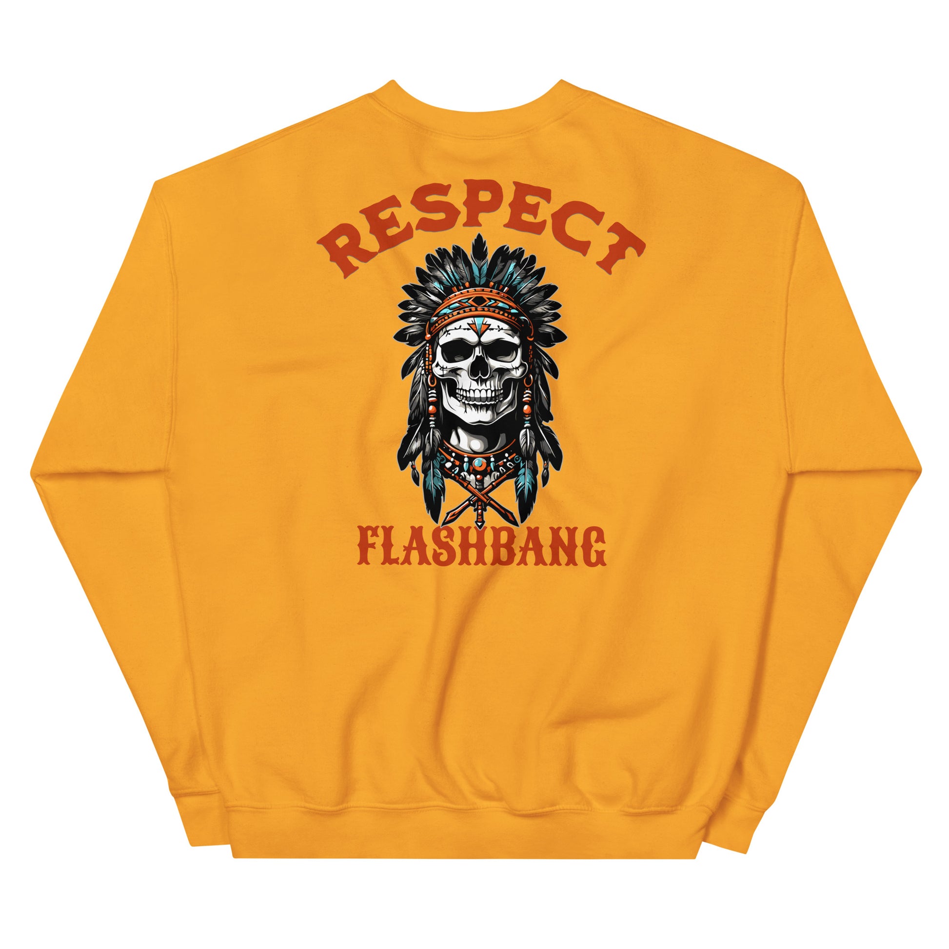 Yellow sweatshirt with a skull wearing a headdress and 'RESPECT FLASHBANG' text on the back.