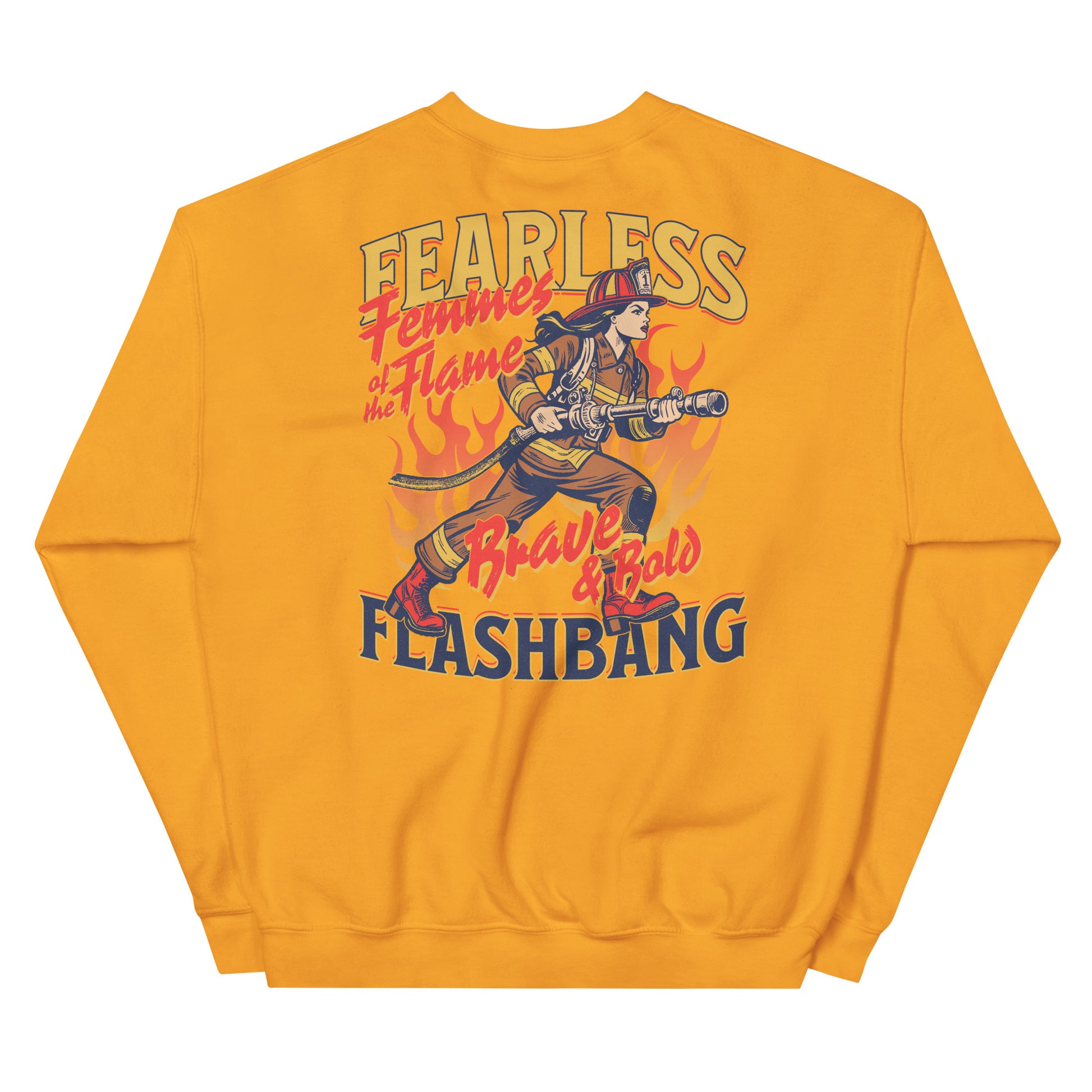 Yellow sweatshirt with a graphic design of a woman playing guitar and text on the back.