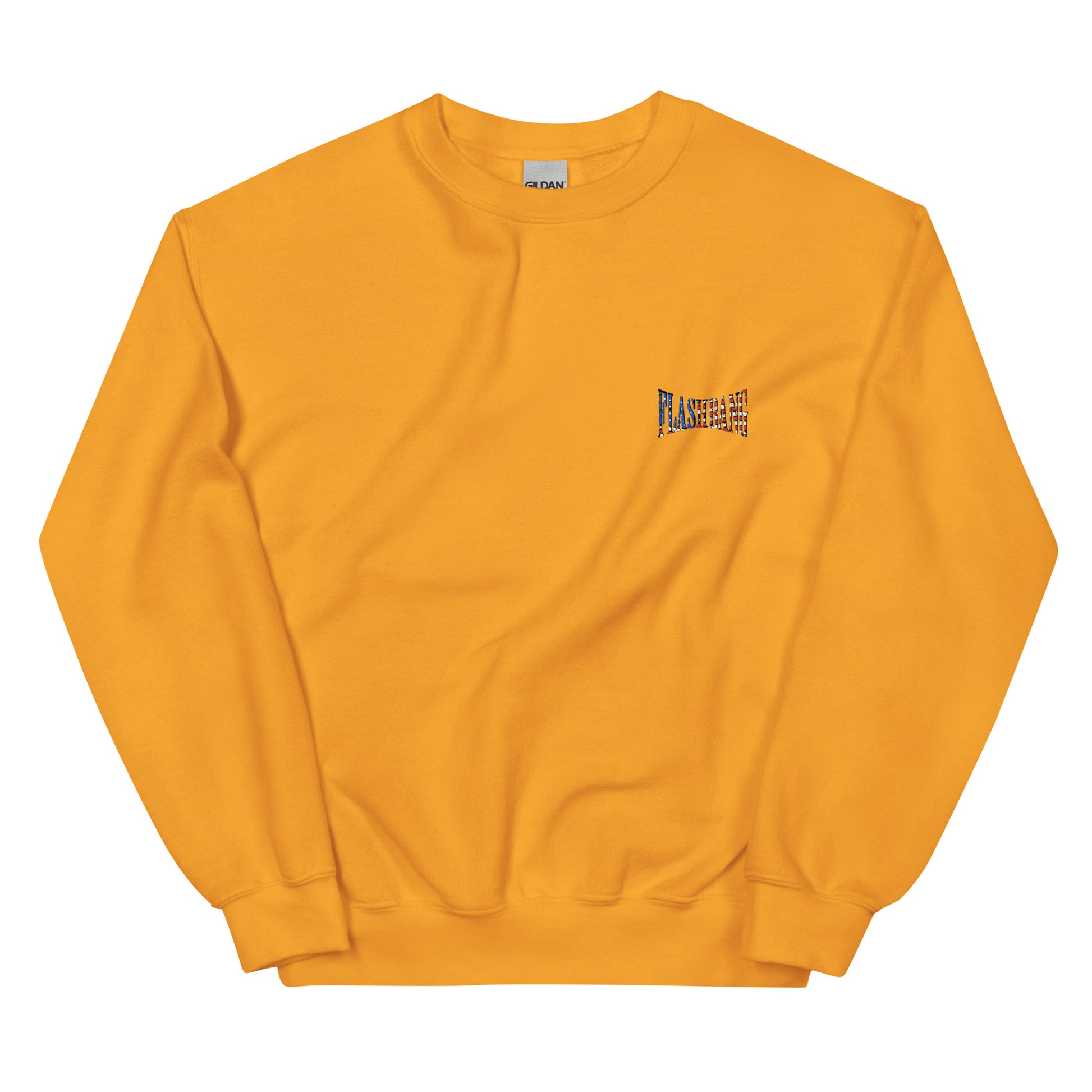 Yellow sweatshirt with a small logo on the chest against a white background
