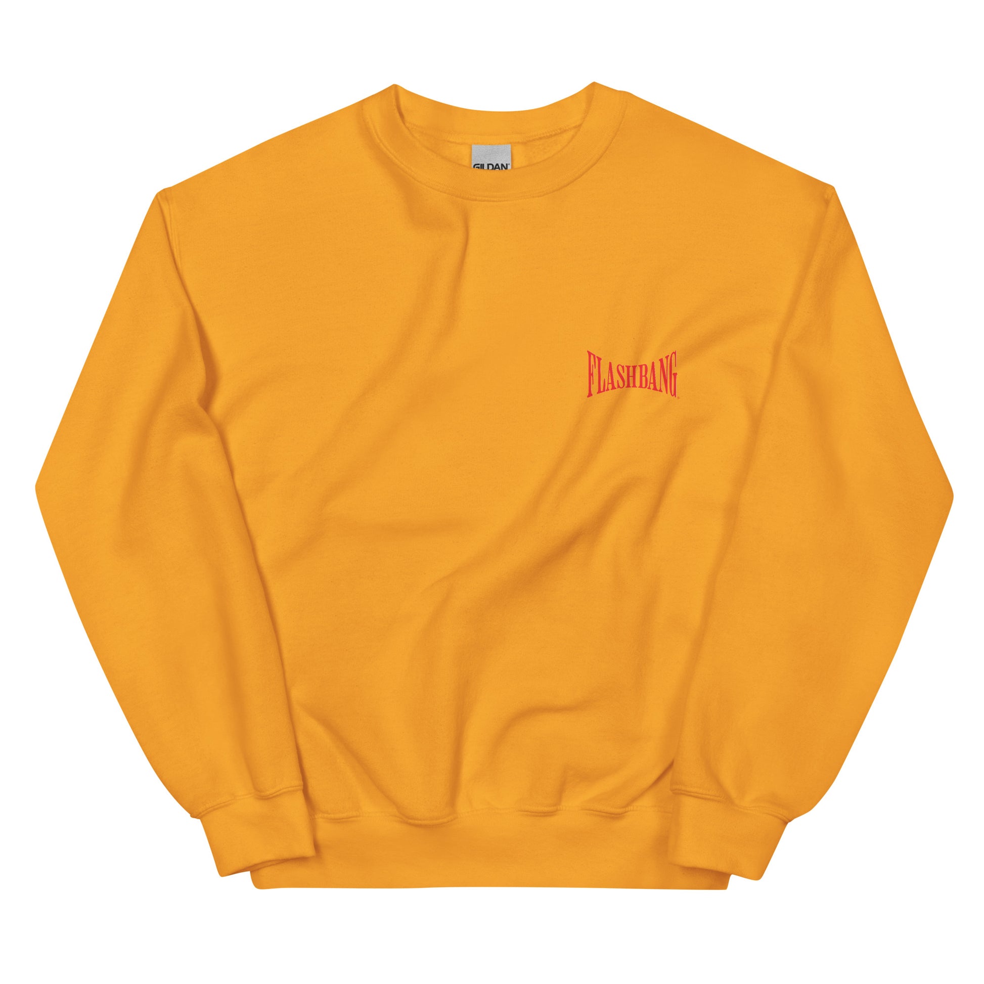 Yellow sweatshirt with a red logo on a white background