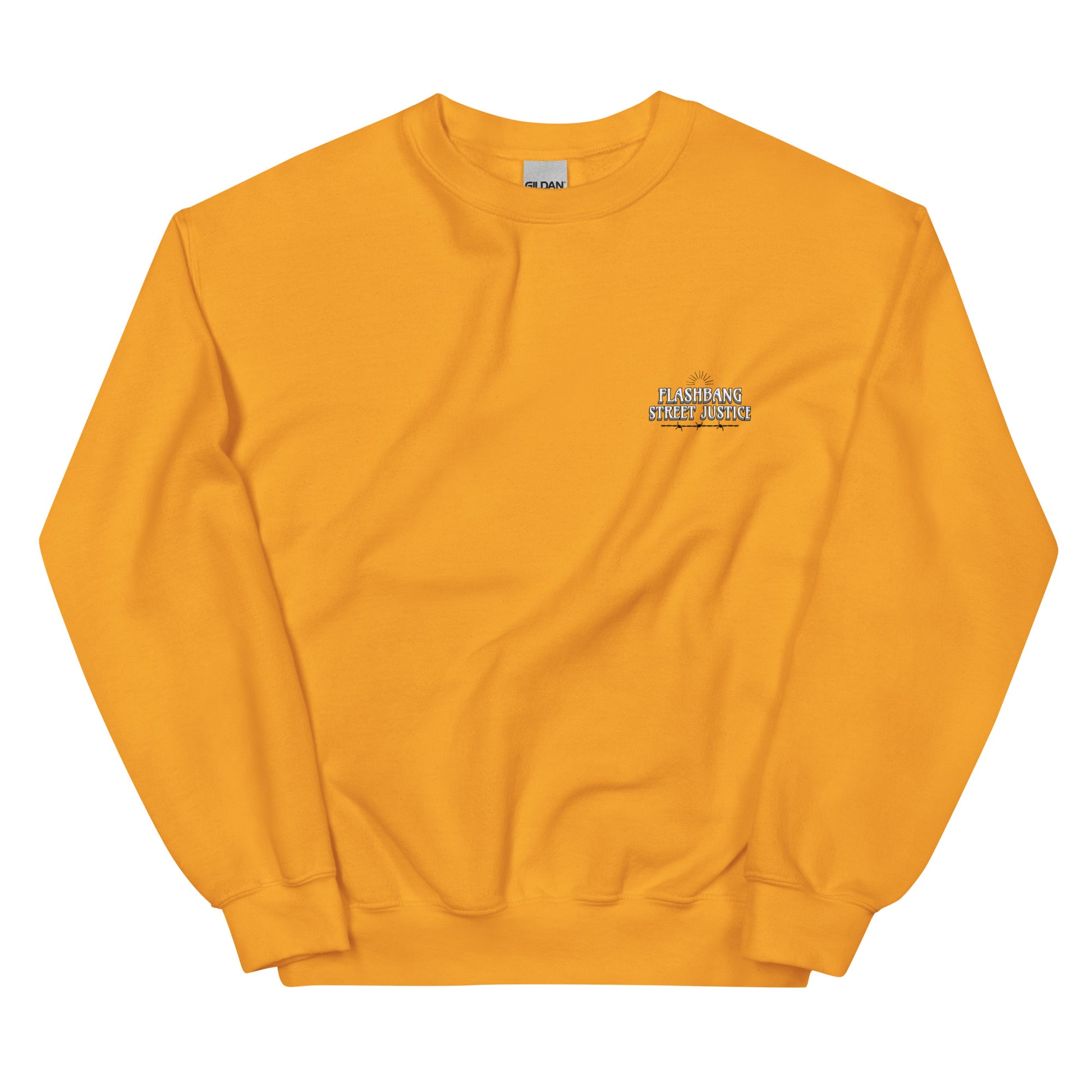 Yellow sweatshirt with a logo on the chest against a white background